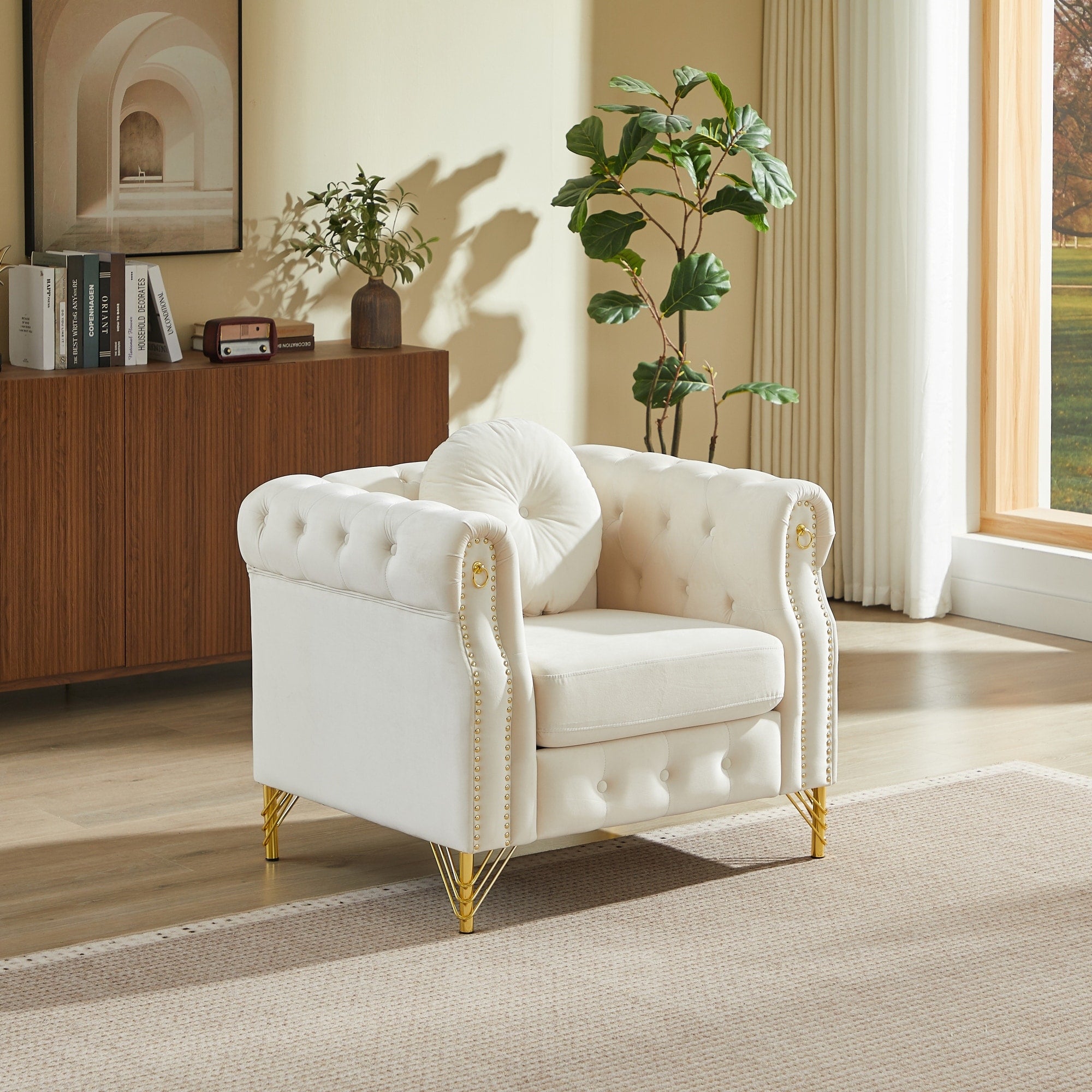 Roomfitters Velvet Chesterfield Accent Chair Upholstered Armchair With Gold Legs And Nailhead Trim For Living Room