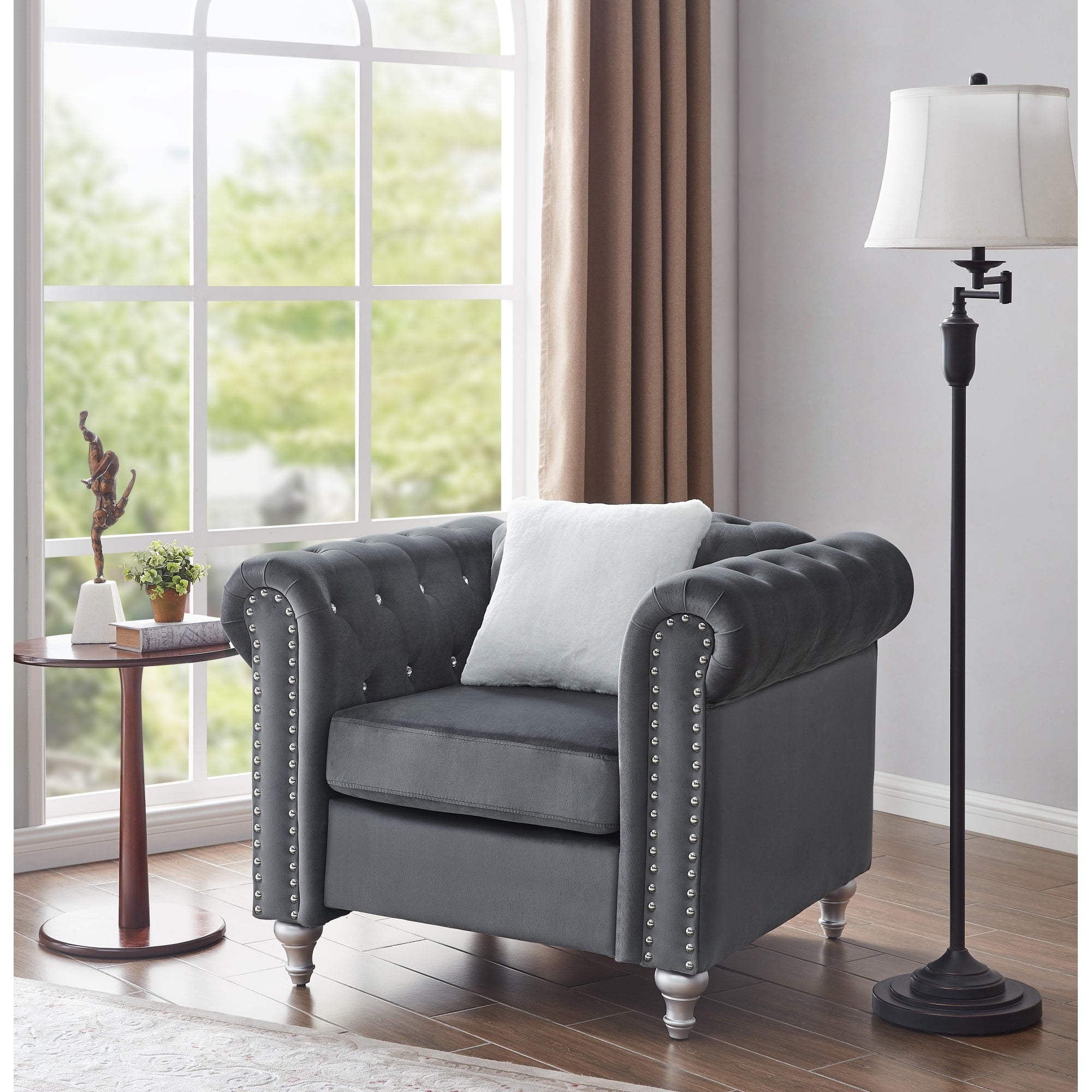 Roomfitters Velvet Chesterfield Armchair Jeweled Tufted Accent Seat Padded Club Chair Silver Bun Feet