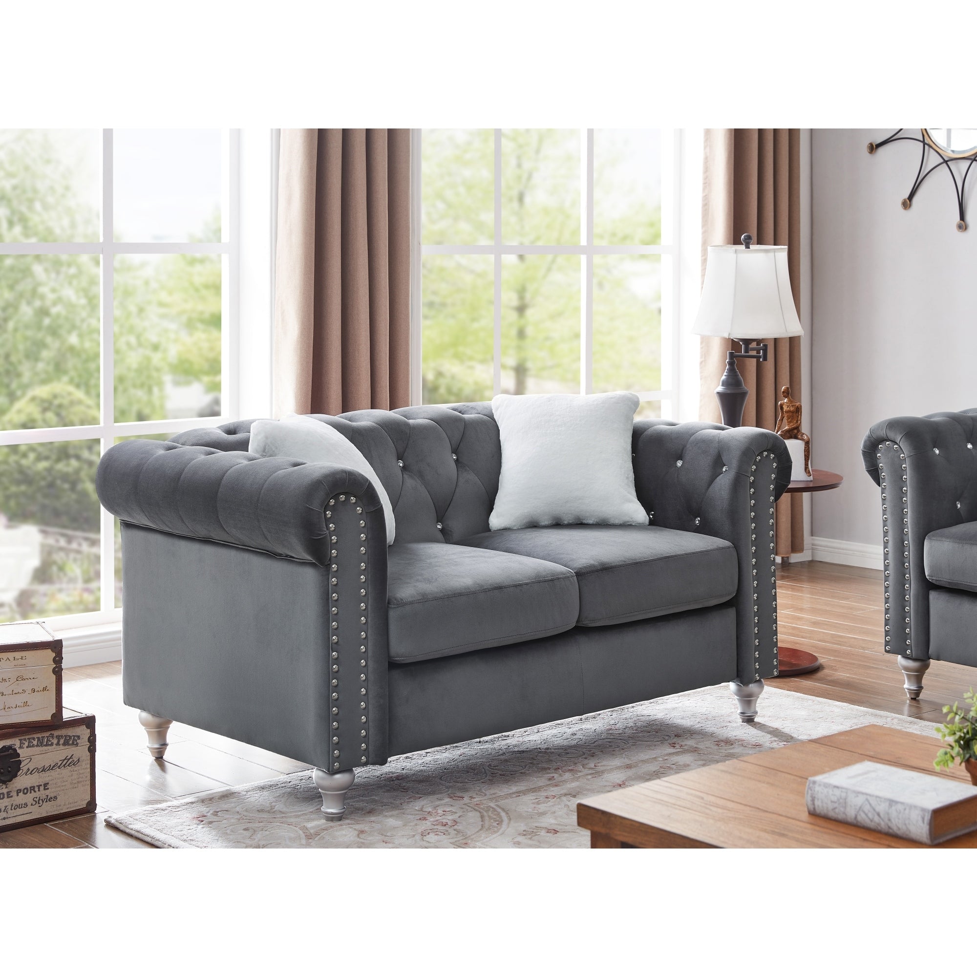 Roomfitters Velvet Chesterfield Loveseat Jeweled Tufted 2 Seater Sofa Modern Padded Club Couch Silver Bun Feet