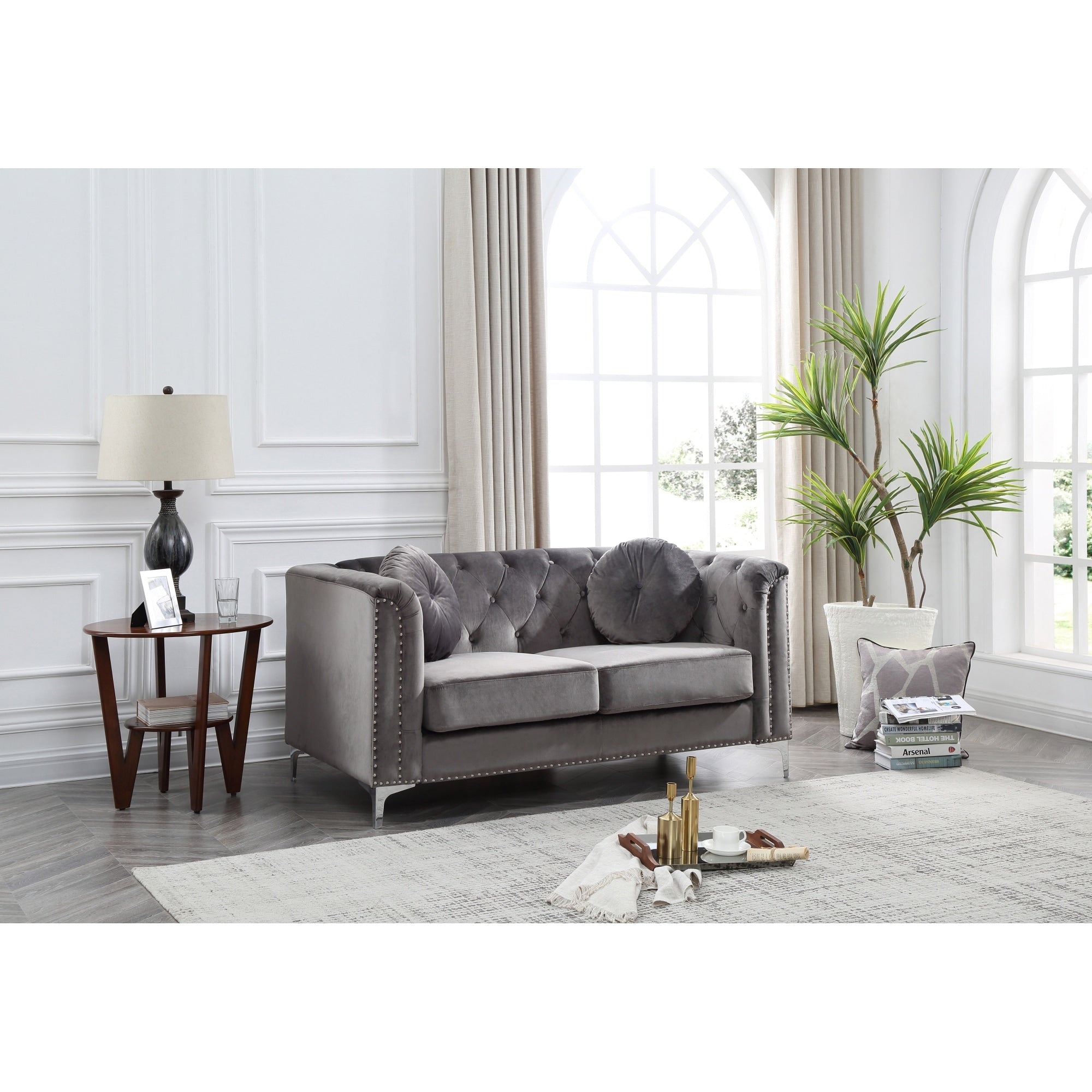 Roomfitters Velvet Loveseat Sloped Arms Button Tufted 2 Seater Sofa Modern Glam Couch Silver Metal Legs