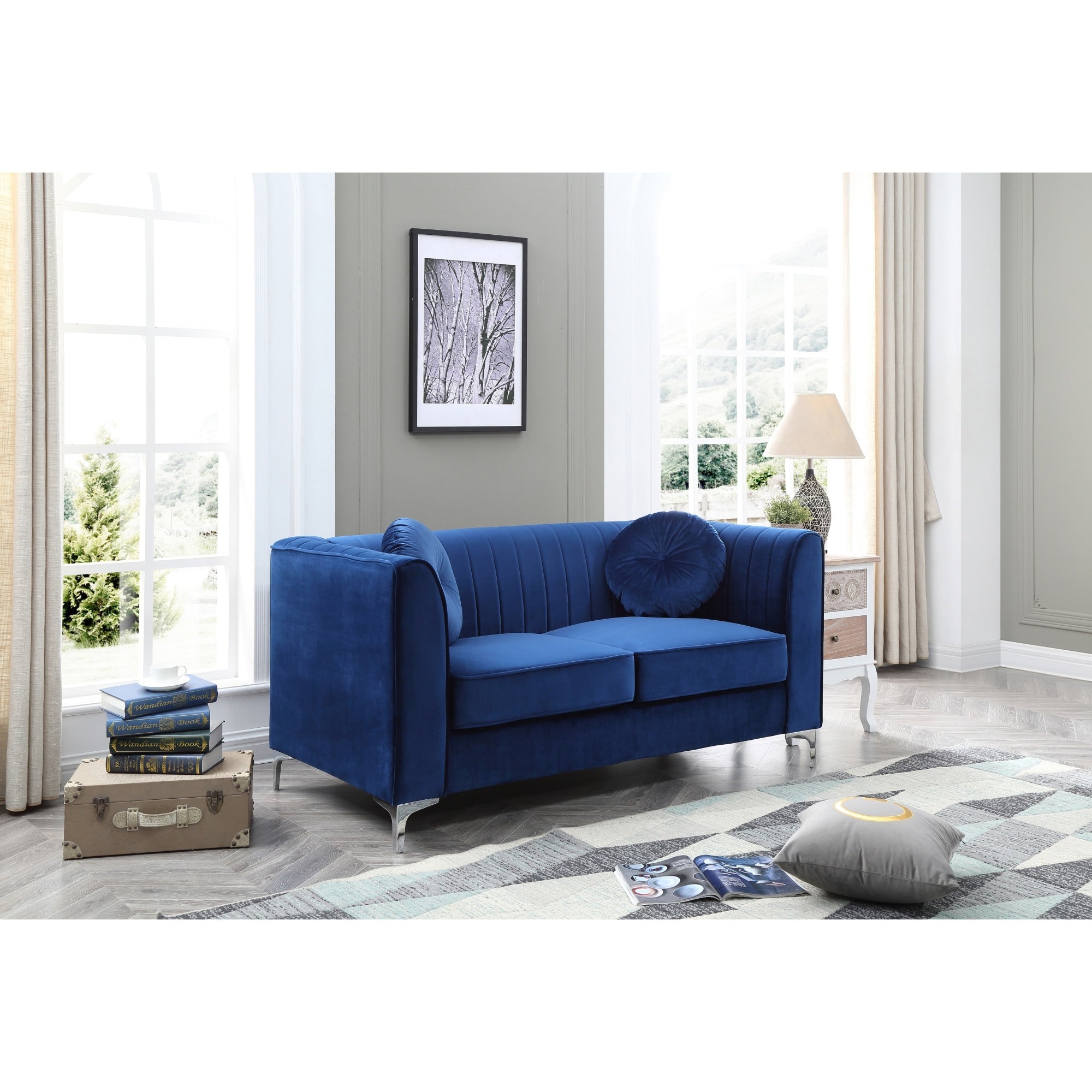 Roomfitters Velvet Loveseat Sloped Arms Channel Tufted 2 Seater Sofa Modern Glam Couch Silver Metal Legs