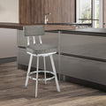 Roomfitters Verin 30 Inch Modern Swivel Bar Stool Gray Faux Leather High Top Pub Chair Tufted Back Brushed Stainless Legs