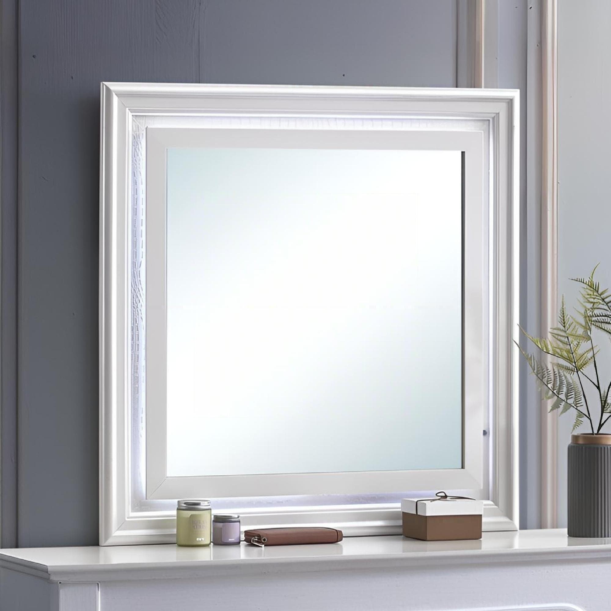 Roomfitters Verona Pearl White Modern Dresser Mirror Luxury High Clarity Vanity Mirror Contemporary High Gloss Bedroom Mirror