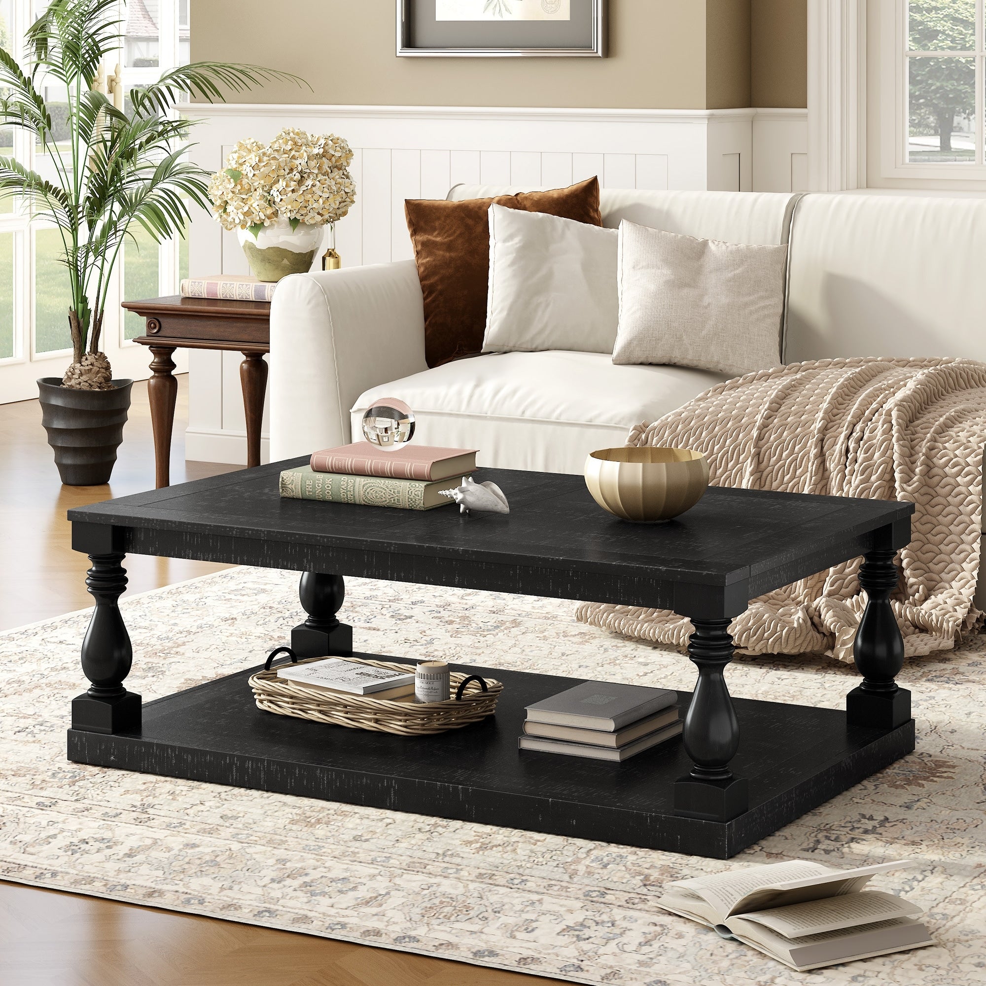 Roomfitters Vintage Pine Wood Coffee Table Sculpted Vase Column Leg Cocktail Table Living Room Statement Stand