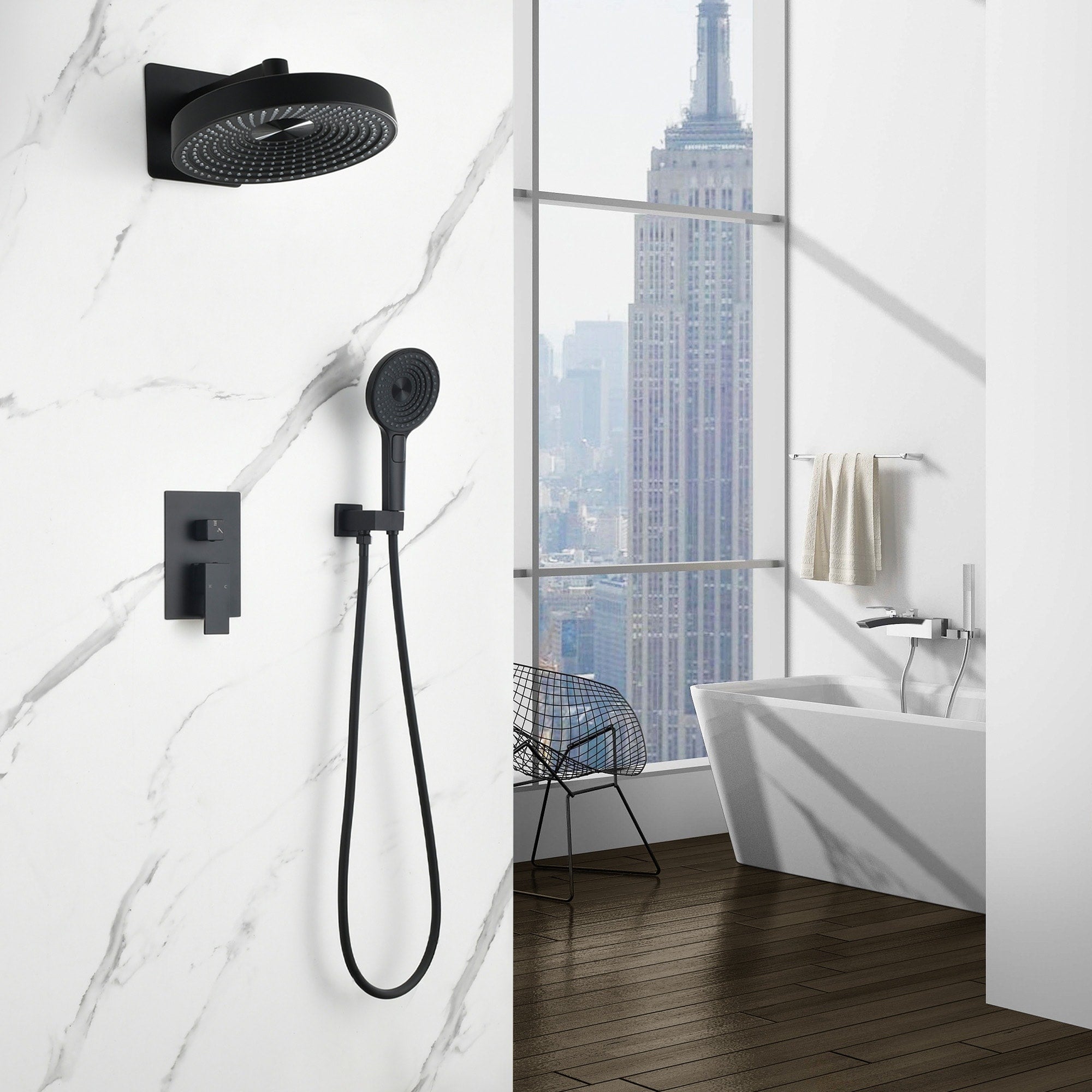 Roomfitters Wall Mounted 2 Function Rainfall Shower System With Handheld Spray And Pressure Balance Valve Set Matte Black