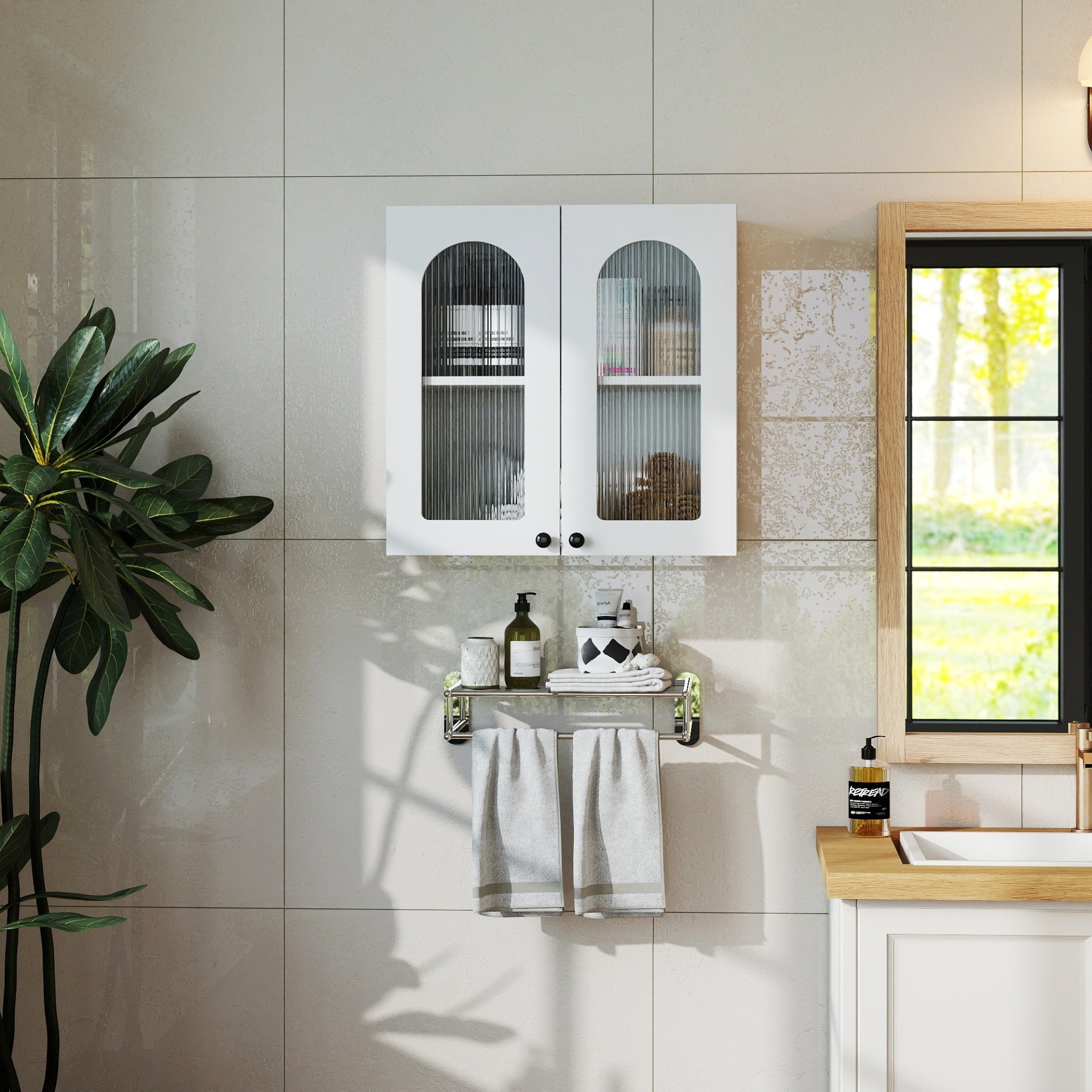 Roomfitters Wall Mounted Bathroom Storage Cabinet With Arched Fluted Glass Door Modern White Floating Medicine Hutch White