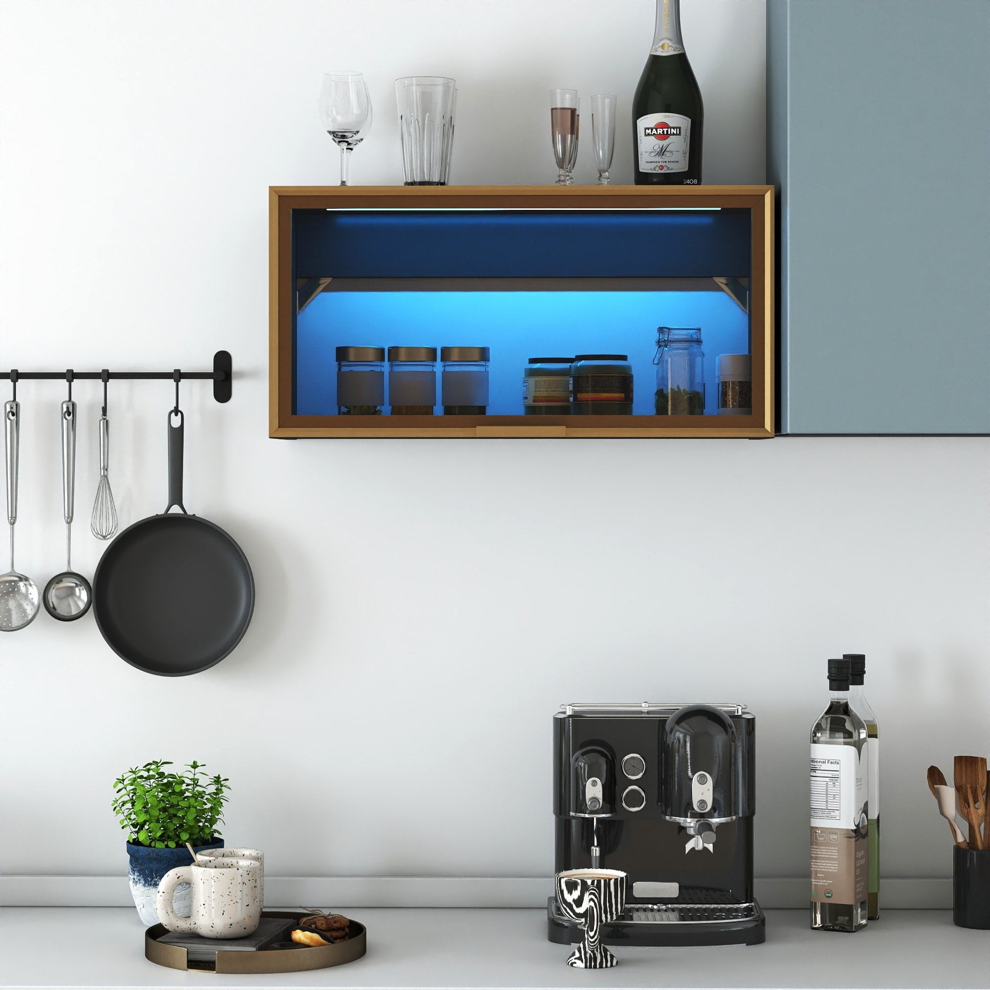 Roomfitters Wall Mounted Storage Cabinet With Led Lights Lift Up Glass Door Modern Floating Kitchen Wine Hutch Black