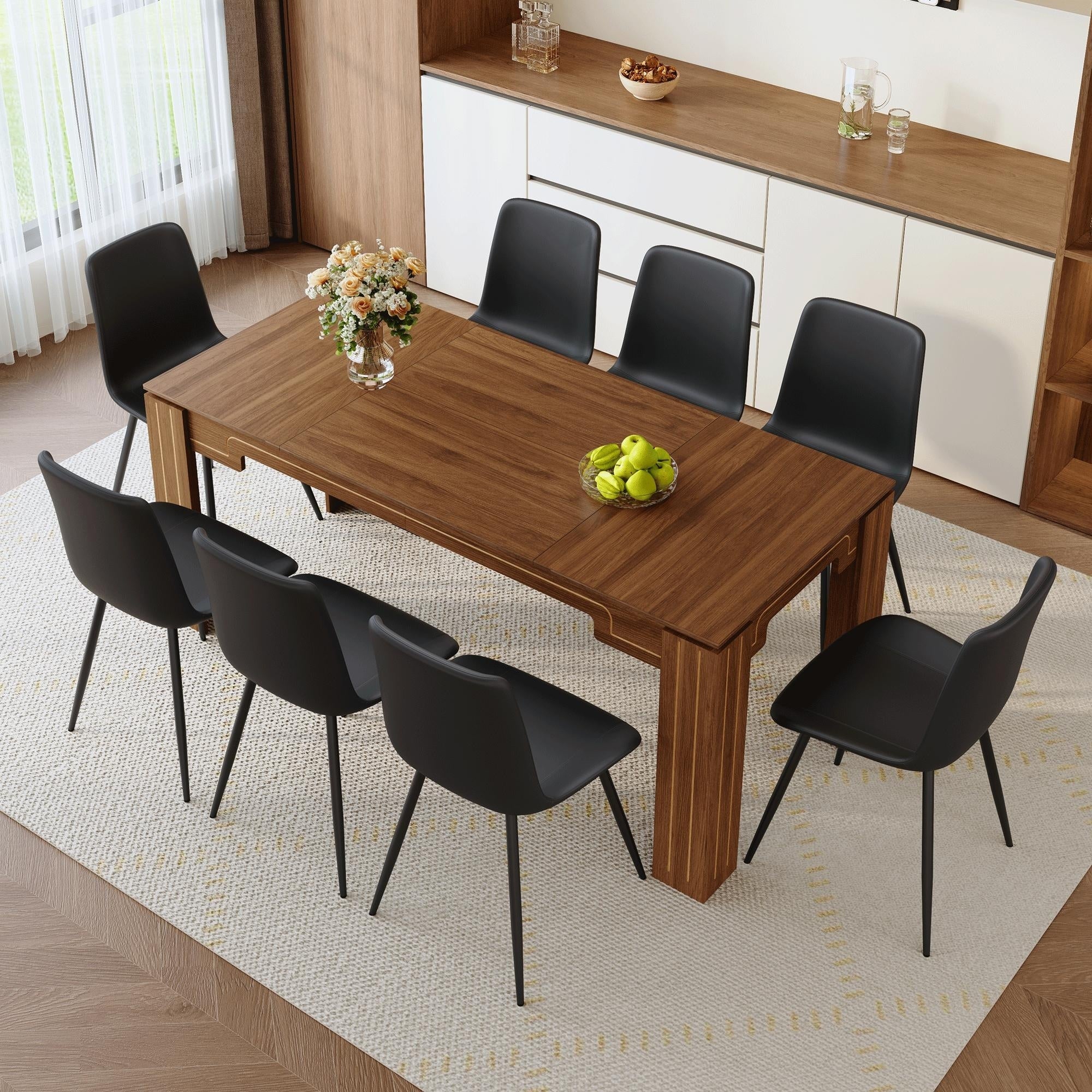 Roomfitters Walnut Mdf Dining Table Set 8 Black Pu Chairs Grooved Pedestal Legs Contemporary Seating For 8