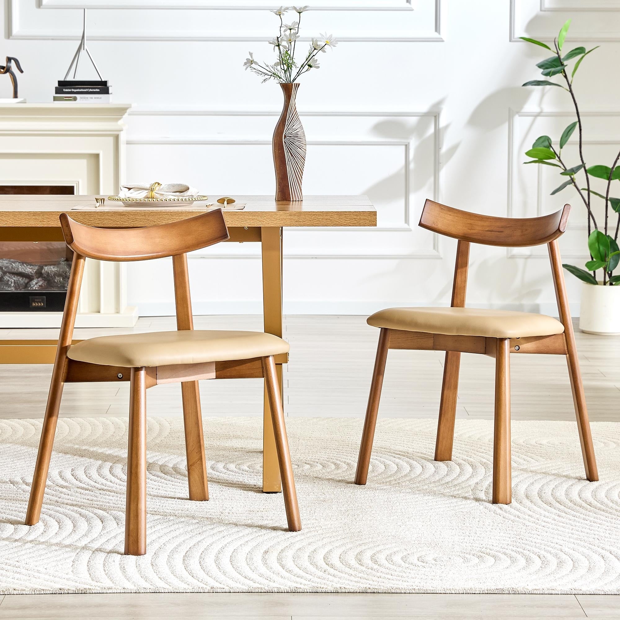 Roomfitters Walnut Solid Wood Dining Chairs Pu Upholstery Curved Backrest Side Chairs Set Of 2 Mid Century