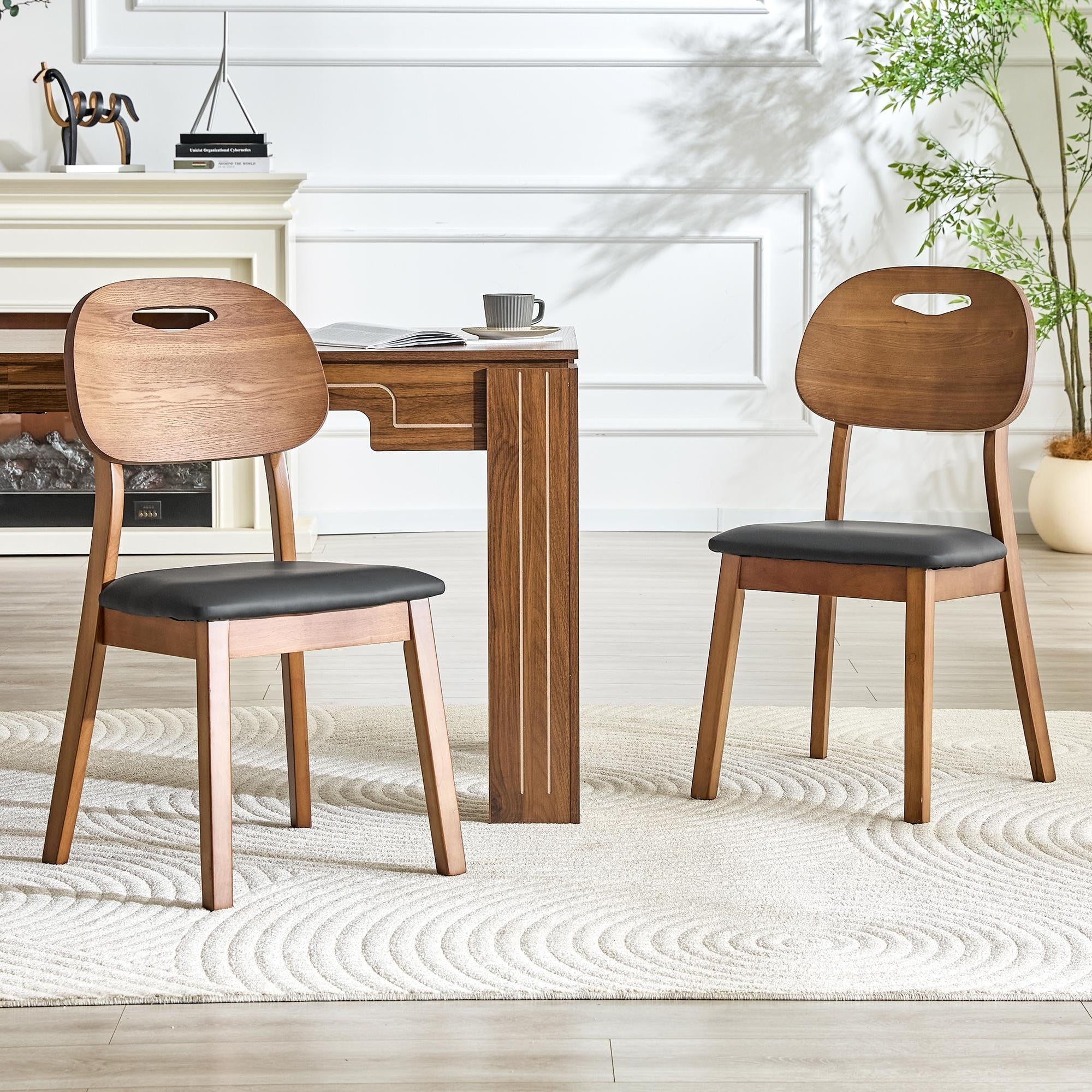 Roomfitters Walnut Solid Wood Dining Chairs Pu Upholstery Hollow Out Backrest Side Chairs Set Of 2 Mid Century