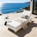 Roomfitters White Acacia Wood Chaise Lounge Cream 3 Fold Water Repellent Cushion 400Lbs Reclining Sun Lounger Set