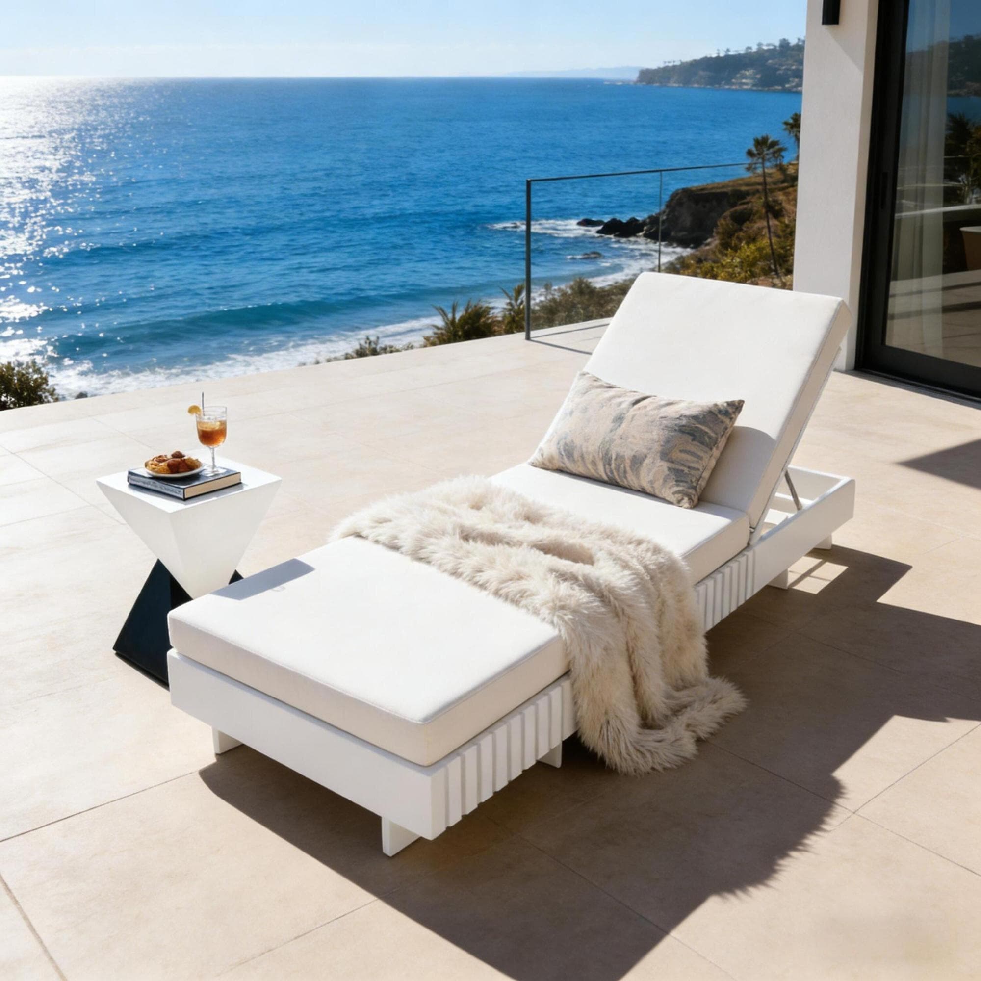 Roomfitters White Acacia Wood Chaise Lounge Cream 3 Fold Water Repellent Cushion 400Lbs Reclining Sun Lounger Set