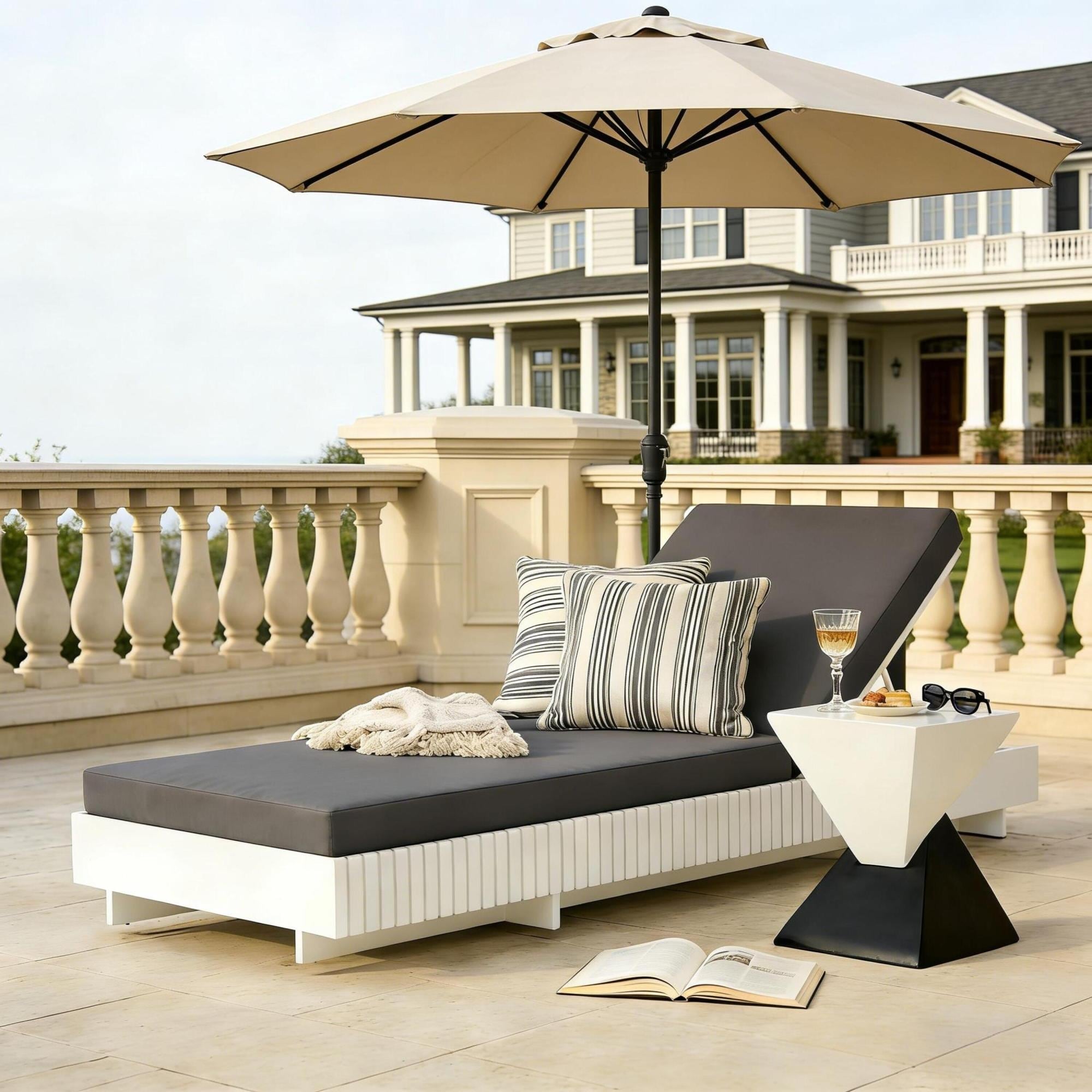 Roomfitters White Acacia Wood Chaise Lounge Grey Water Repellent Cushion 400Lbs Capacity Reclining Sun Lounger Set