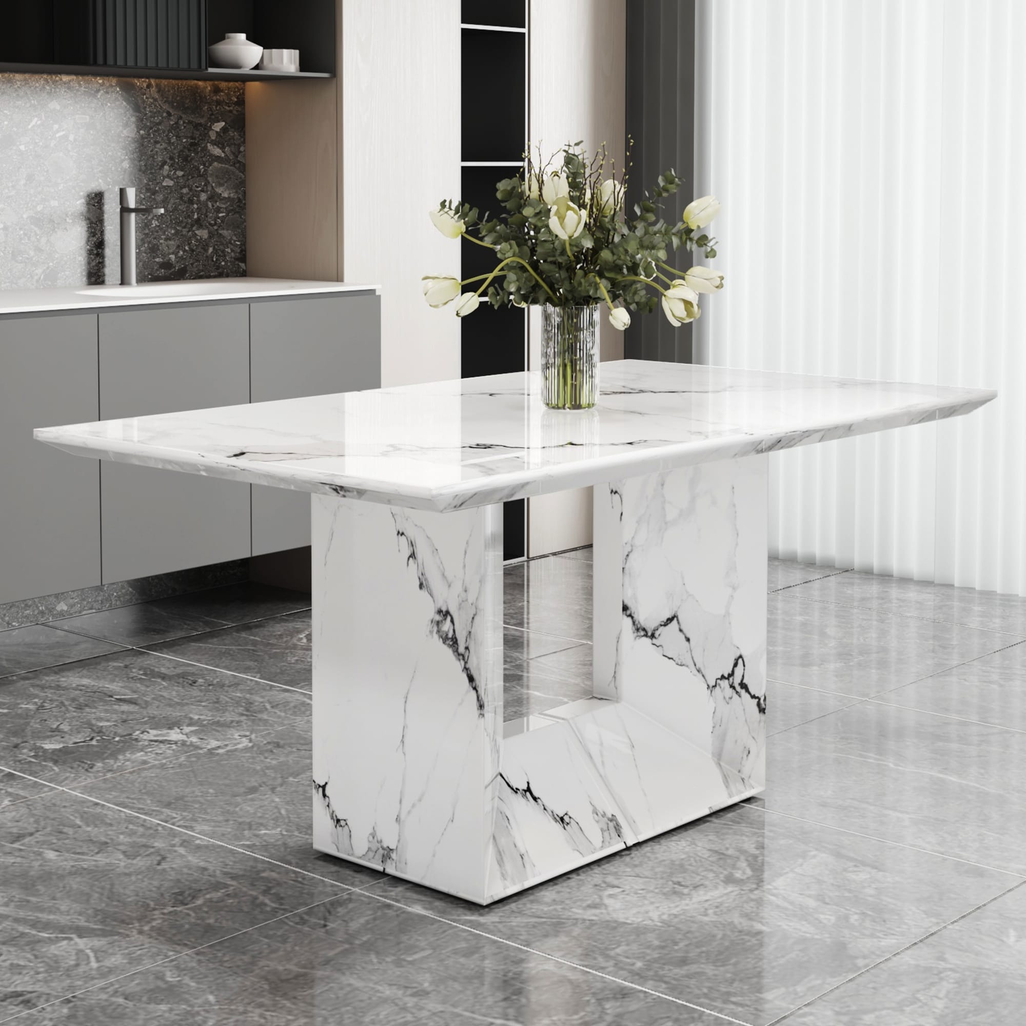 Roomfitters White Marble Mdf Rectangular Dining Table O Shaped Pedestal Base Faux Marble Kitchen Table For 4 6