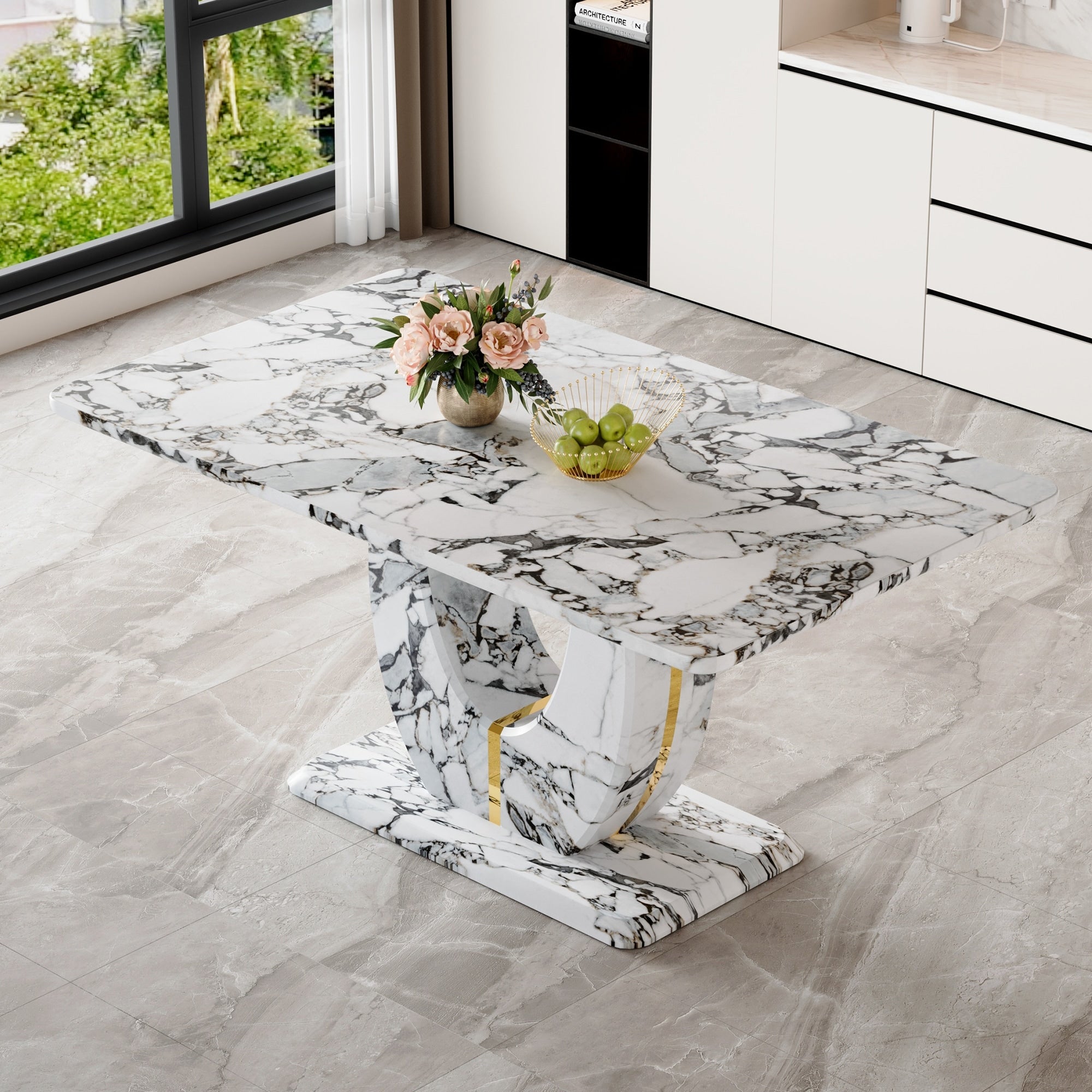 Roomfitters White Marble Mdf Rectangular Dining Table U Shaped Pedestal Base Faux Marble Kitchen Table For 4 6