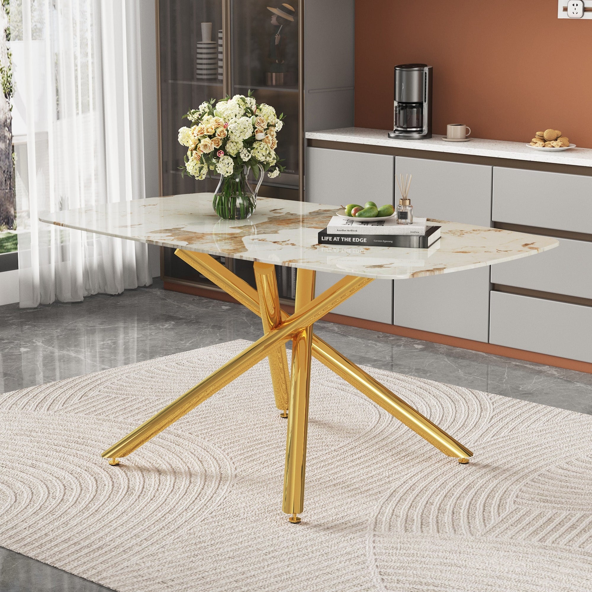 Roomfitters White Marble Patterned Glass Dining Table Gold Metal Fork Leg Rectangular Negotiation Table For 4 6