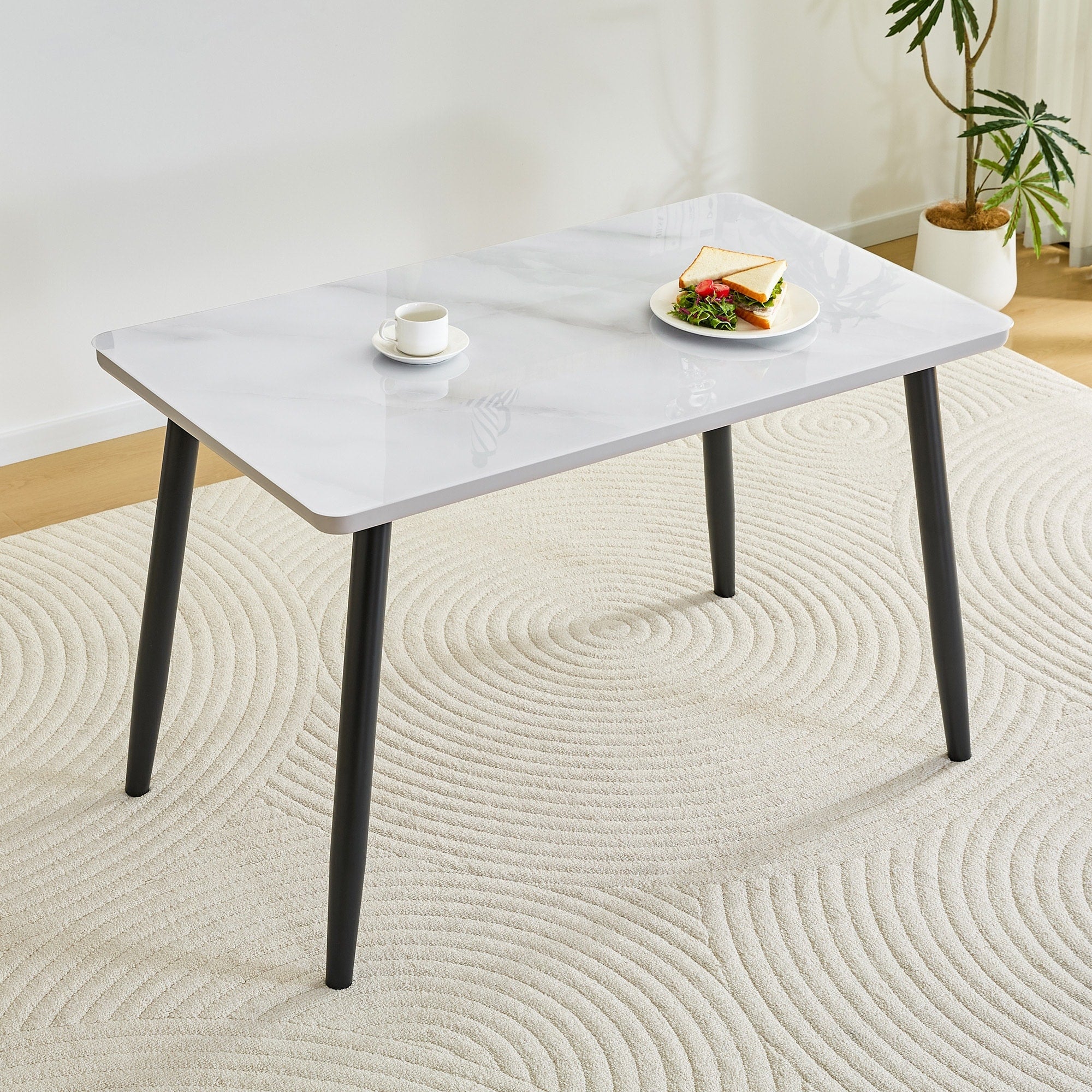 Roomfitters White Marble Patterned Glass Dining Table Metal Tapered Leg Double Layered Negotiation Table For 4 6