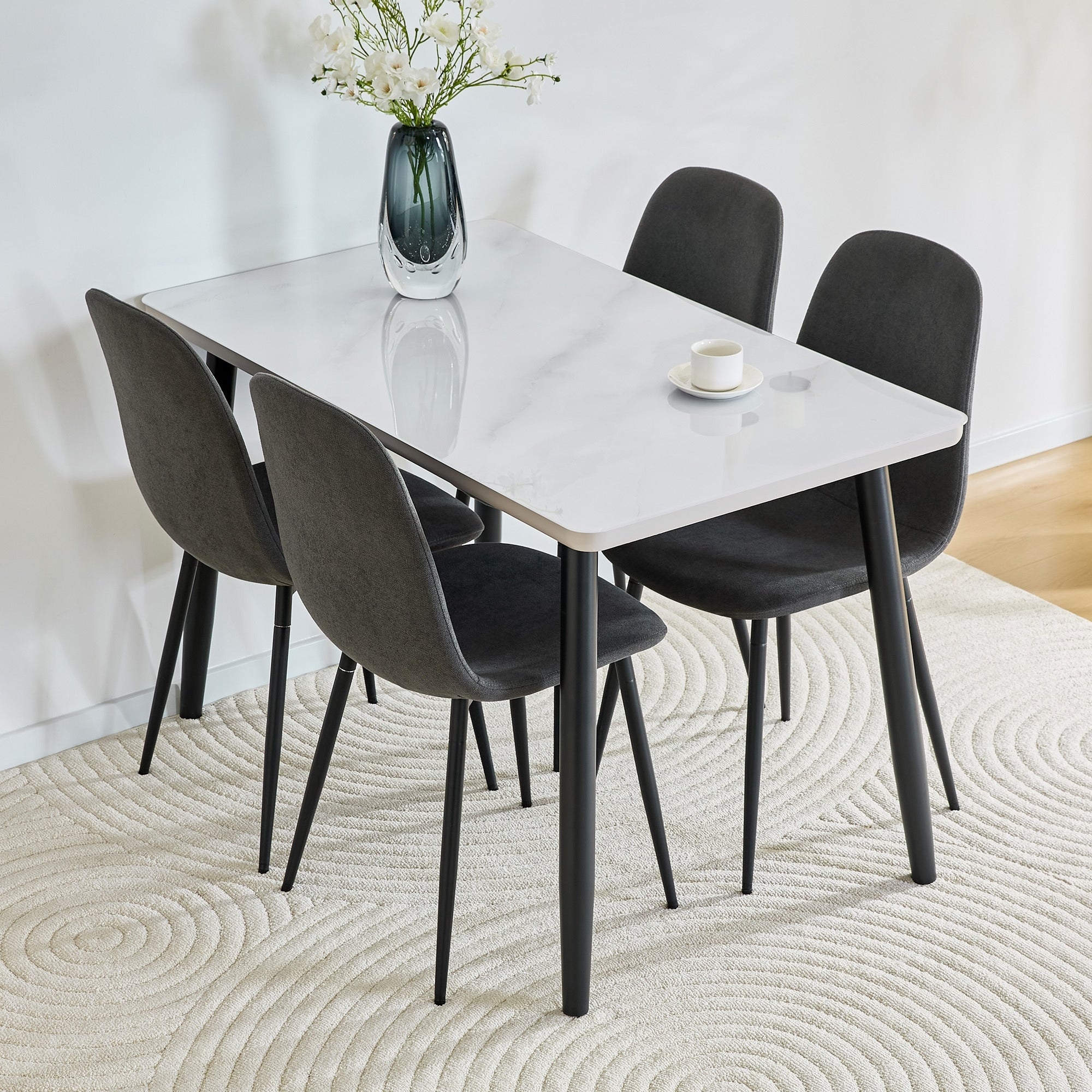 Roomfitters White Marble Patterned Glass Table Set 4 Dark Gray Linen Chairs Double Layered Table Modern Seating For 4 6