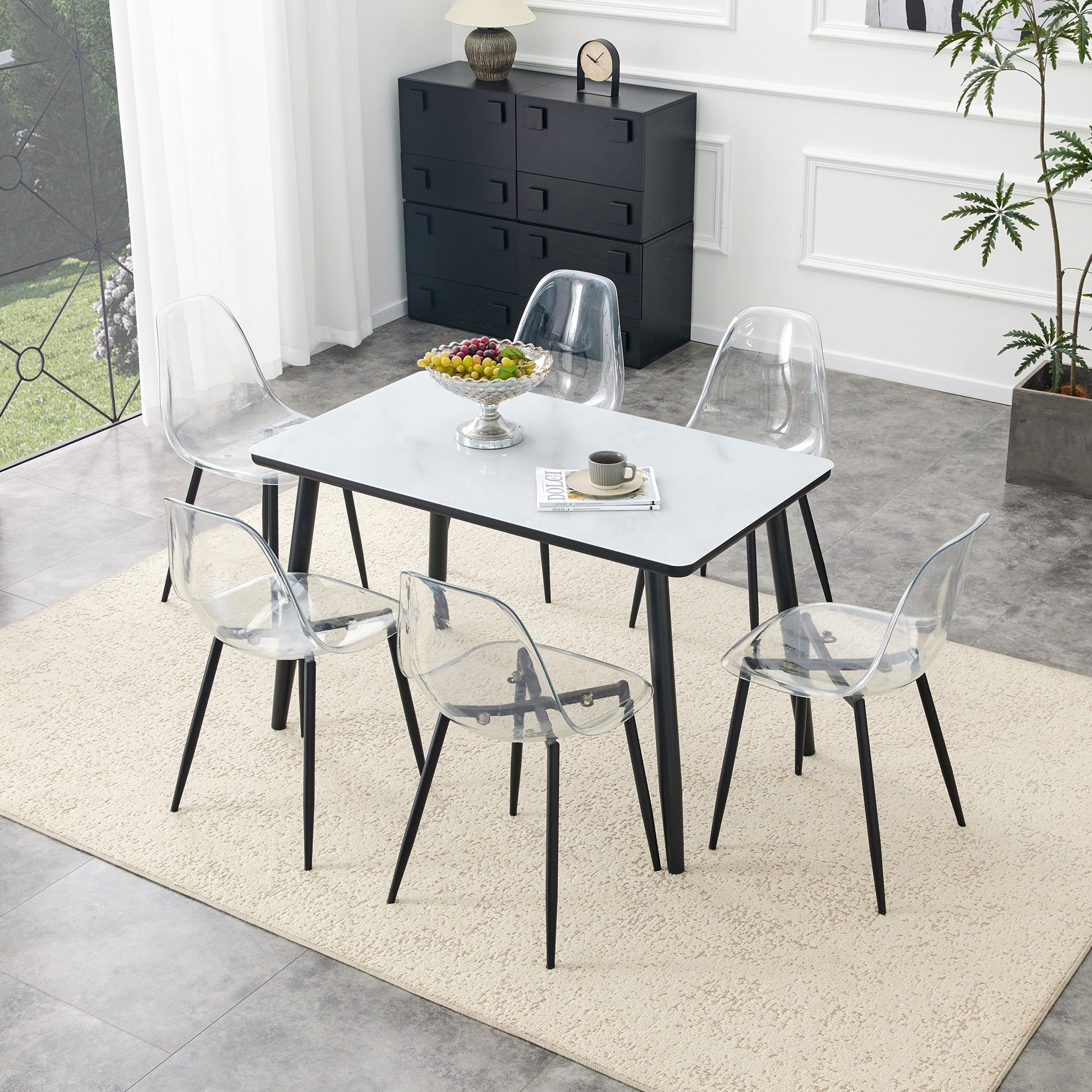 Roomfitters White Marble Patterned Glass Table Set Transparent Chairs Double Layered Table Modern Seating For 4 6