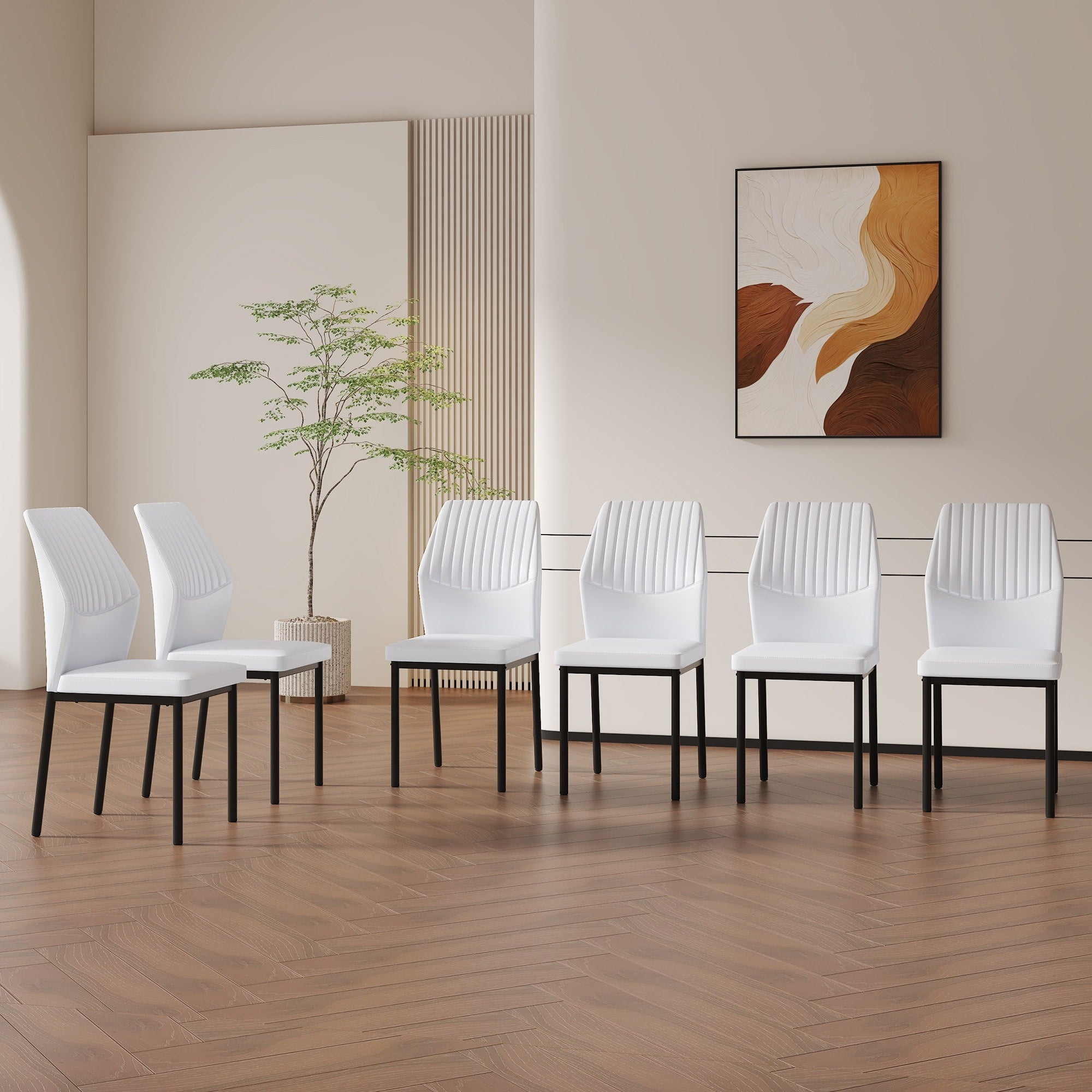 Roomfitters White Pu Leather Dining Chairs With Black Metal Leg High Resilience Upholstered Seating Set Of 6 Ergonomic Chairs