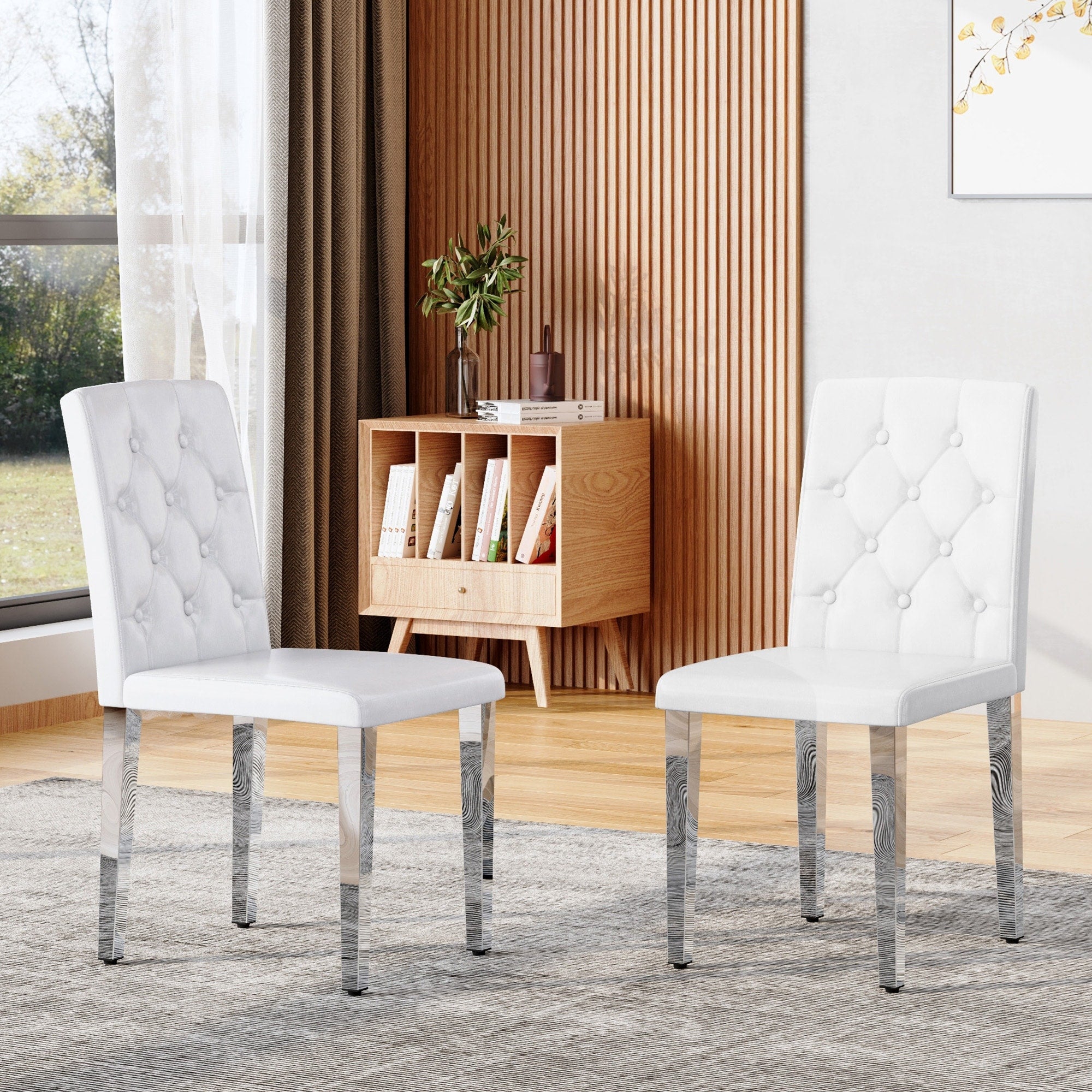 Roomfitters White Pu Leather Dining Chairs Metal Leg Button Tufted Upholstered Seating Set Of 2 Side Chairs