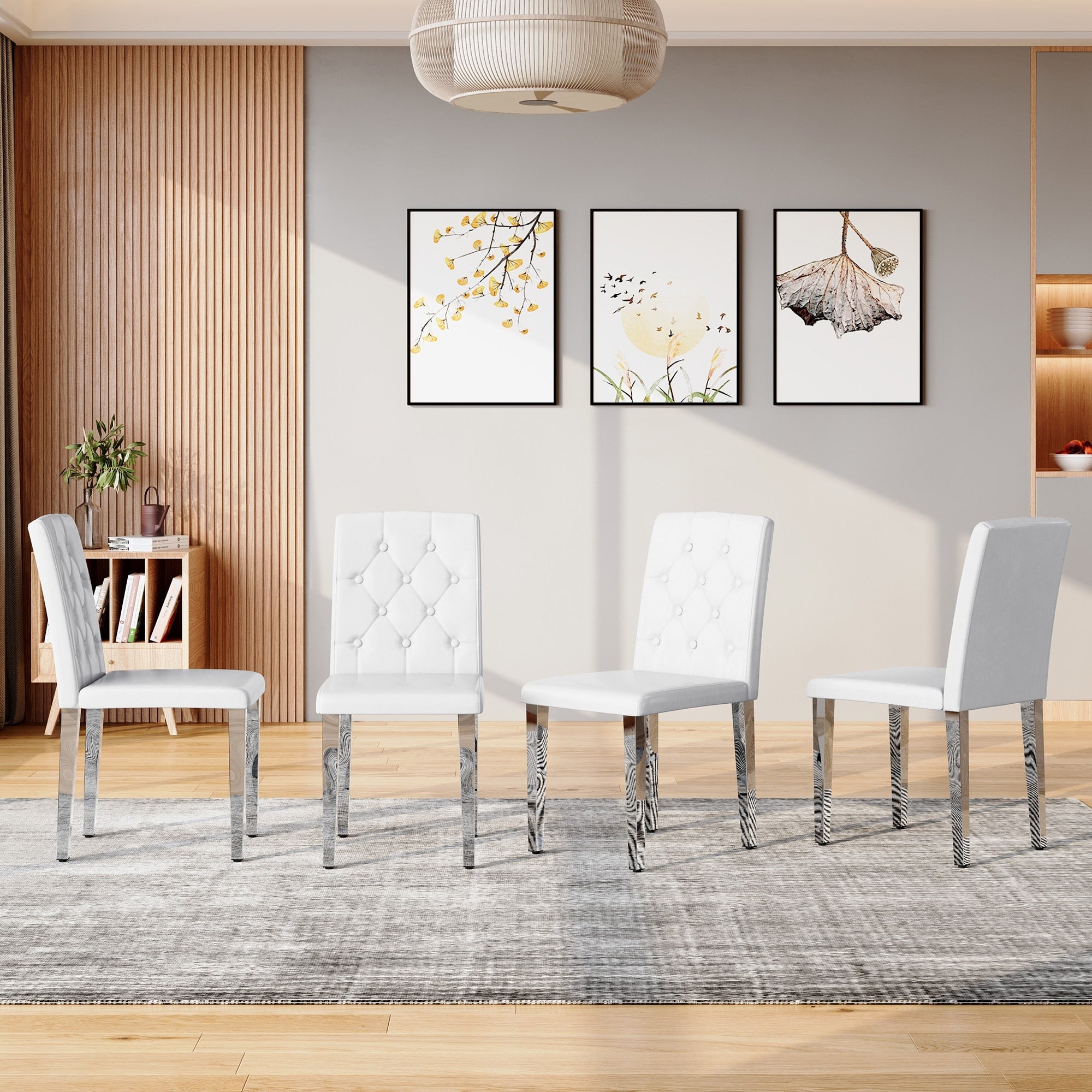 Roomfitters White Pu Leather Dining Chairs Metal Legs Button Tufted Backrest Set Of 4 Ergonomic Side Chairs