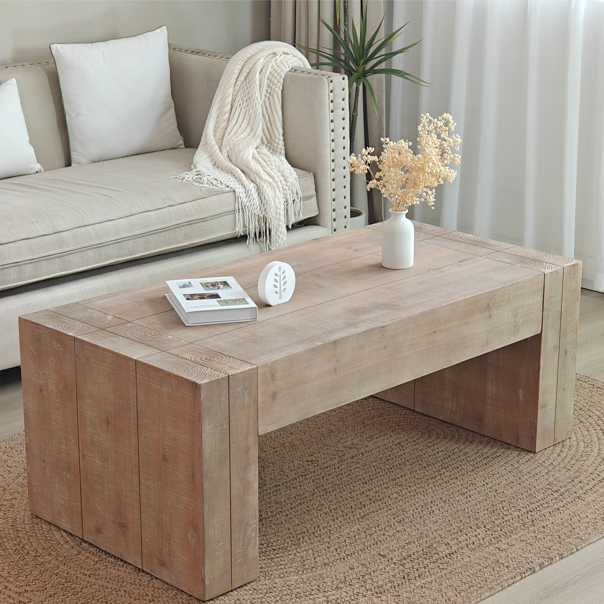 Roomfitters Wood Coffee Table 49In Modern Farmhouse Rectangular Living Room Table Natural Wood