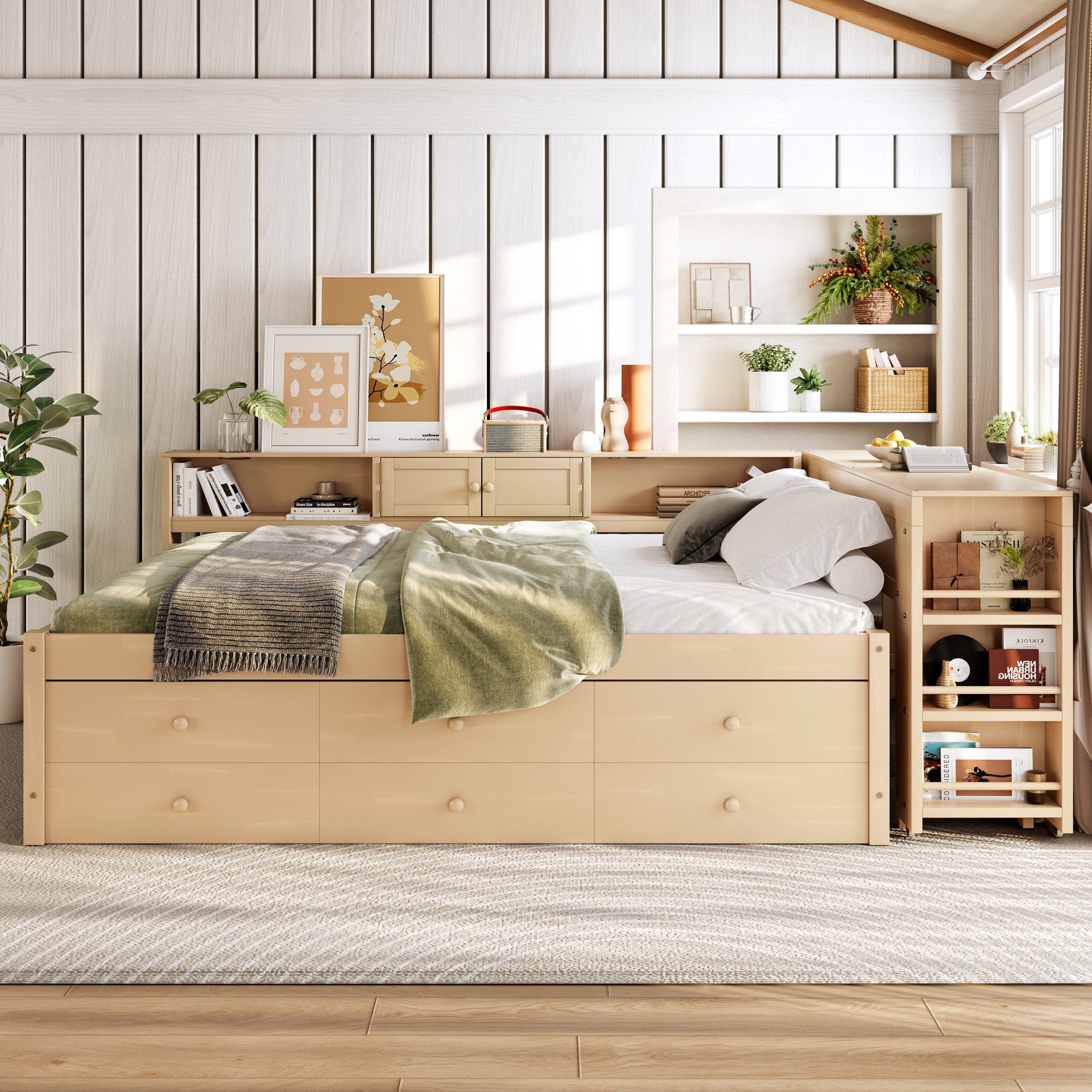Roomfitters Wood Daybed Trundle L Shaped Desk 3 Storage Units Loft Style Bed Frame With Bookcase Shelves