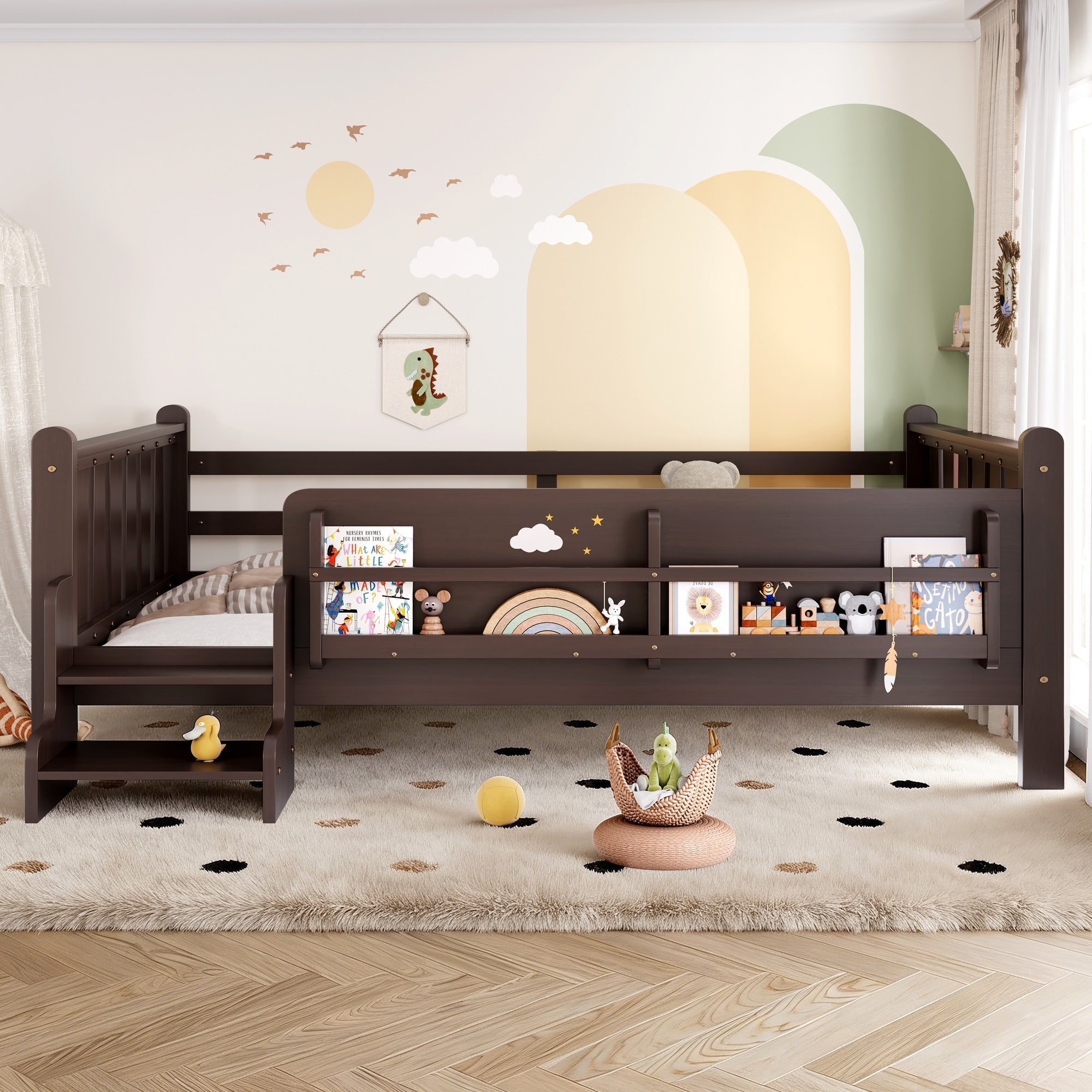 Roomfitters Wood Floor Bed Storage Bookcase 2 Step Safety Stairs Kids Platform Bed With Guardrails