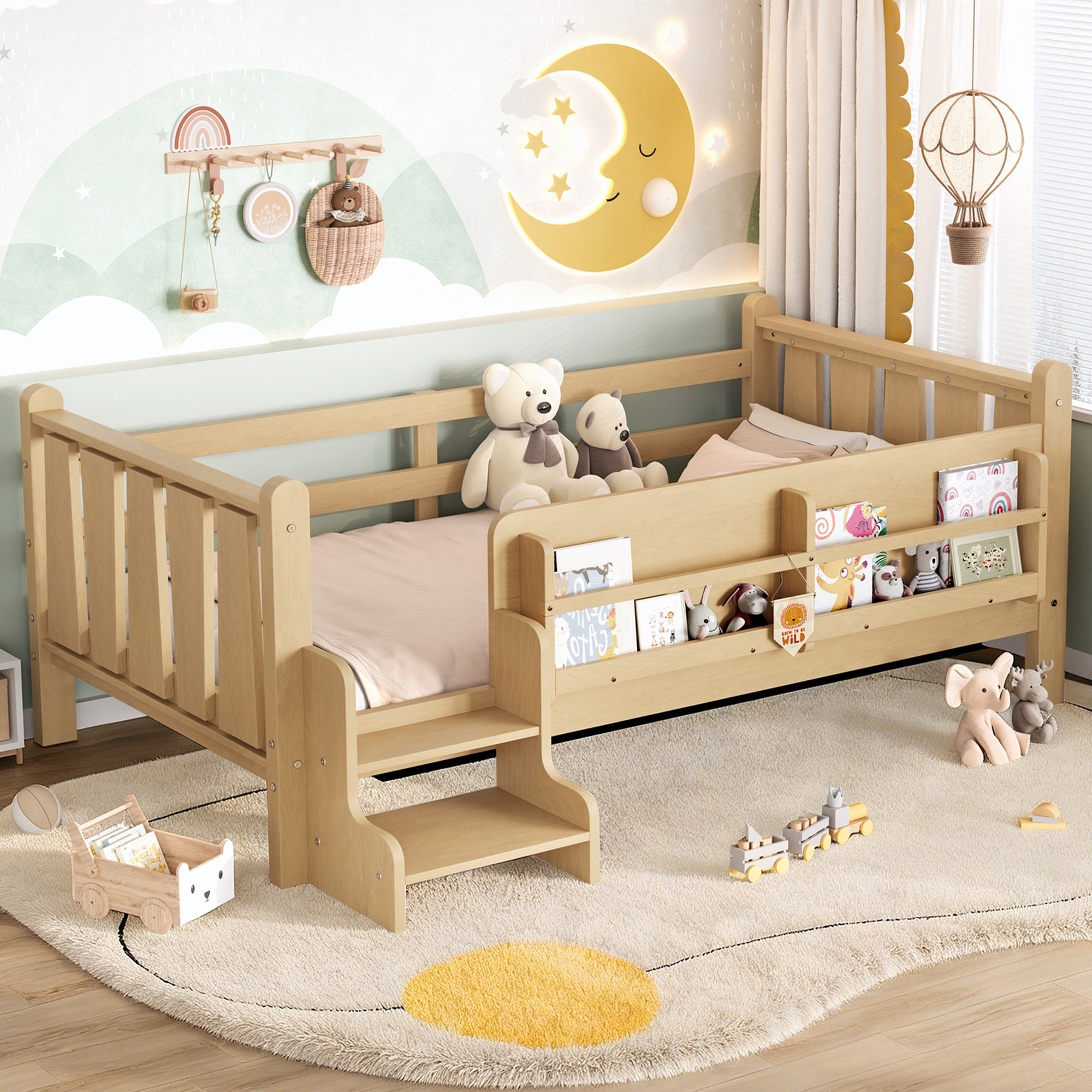 Roomfitters Wood Floor Bed Storage Bookcase 2 Step Safety Stairs Kids Platform Bed With Guardrails