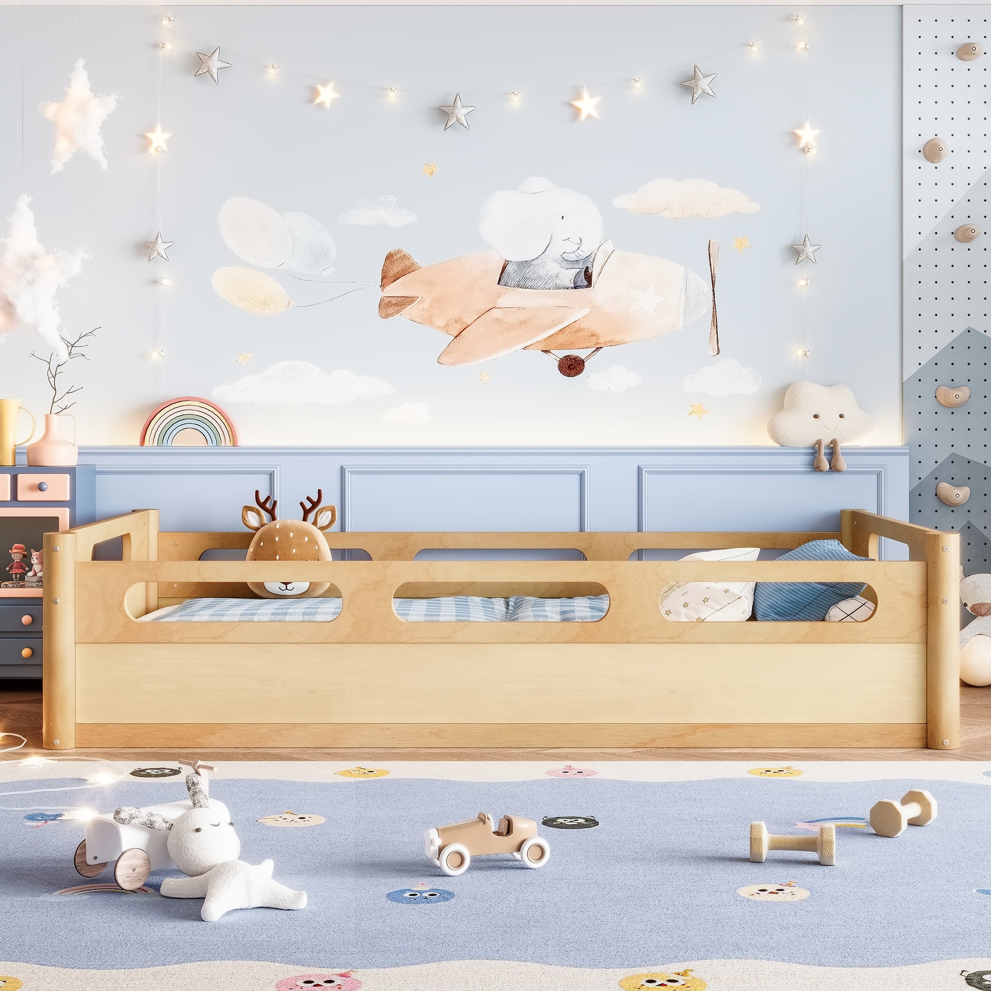Roomfitters Wood Floor Platform Bed Full Length Cutout Guardrails Montessori Low Profile Bed With Wood Slats