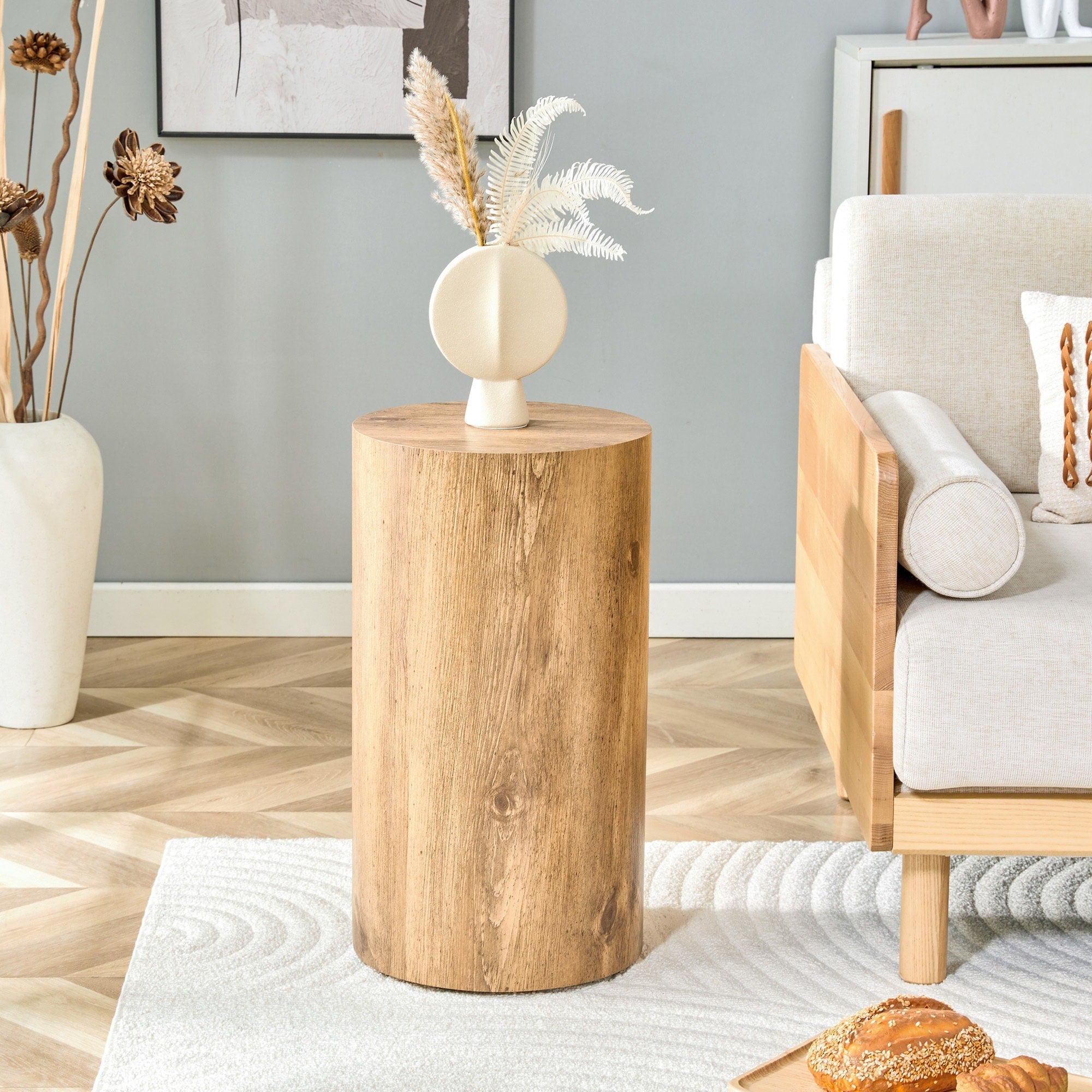 Roomfitters Wood Grain Cylindrical Coffee Table 21.6 Height Natural Wood Tone Mdf Side Table Minimalist Side Furniture