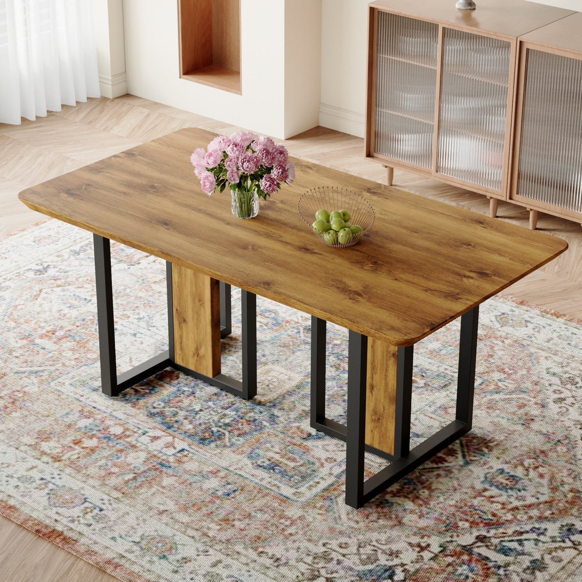 Roomfitters Wood Grain Mdf Rectangular Dining Table Black Metal Frame Industrial Workspace Desk Executive Table