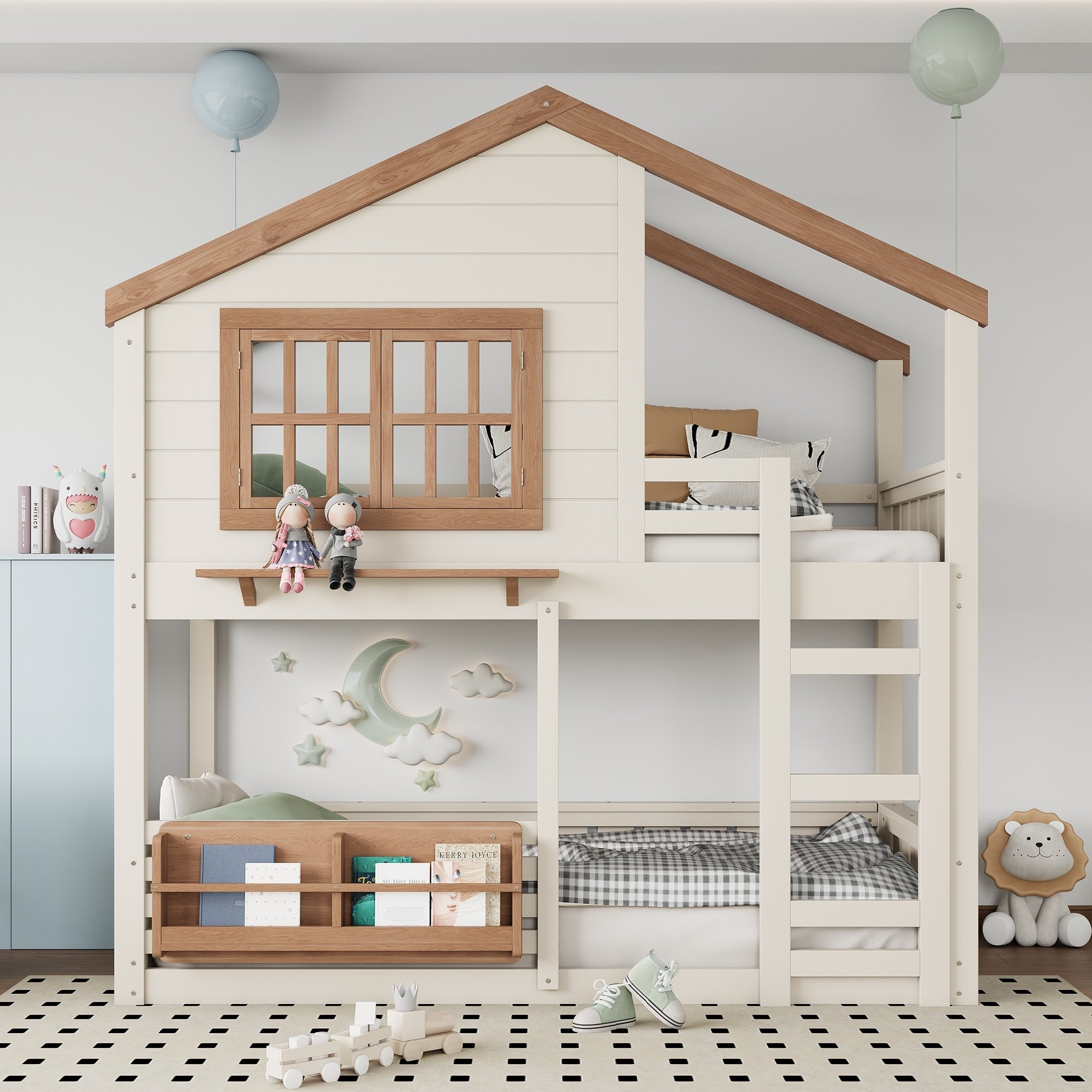 Roomfitters Wood House Bunk Bed Bookshelf Openable Windows Beige Natural Cabin Style Playhouse Bed With Guardrails