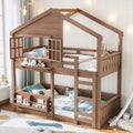 Roomfitters Wood House Bunk Bed Bookshelf Openable Windows Modern Natural Cabin Style Playhouse Bed With Guardrails
