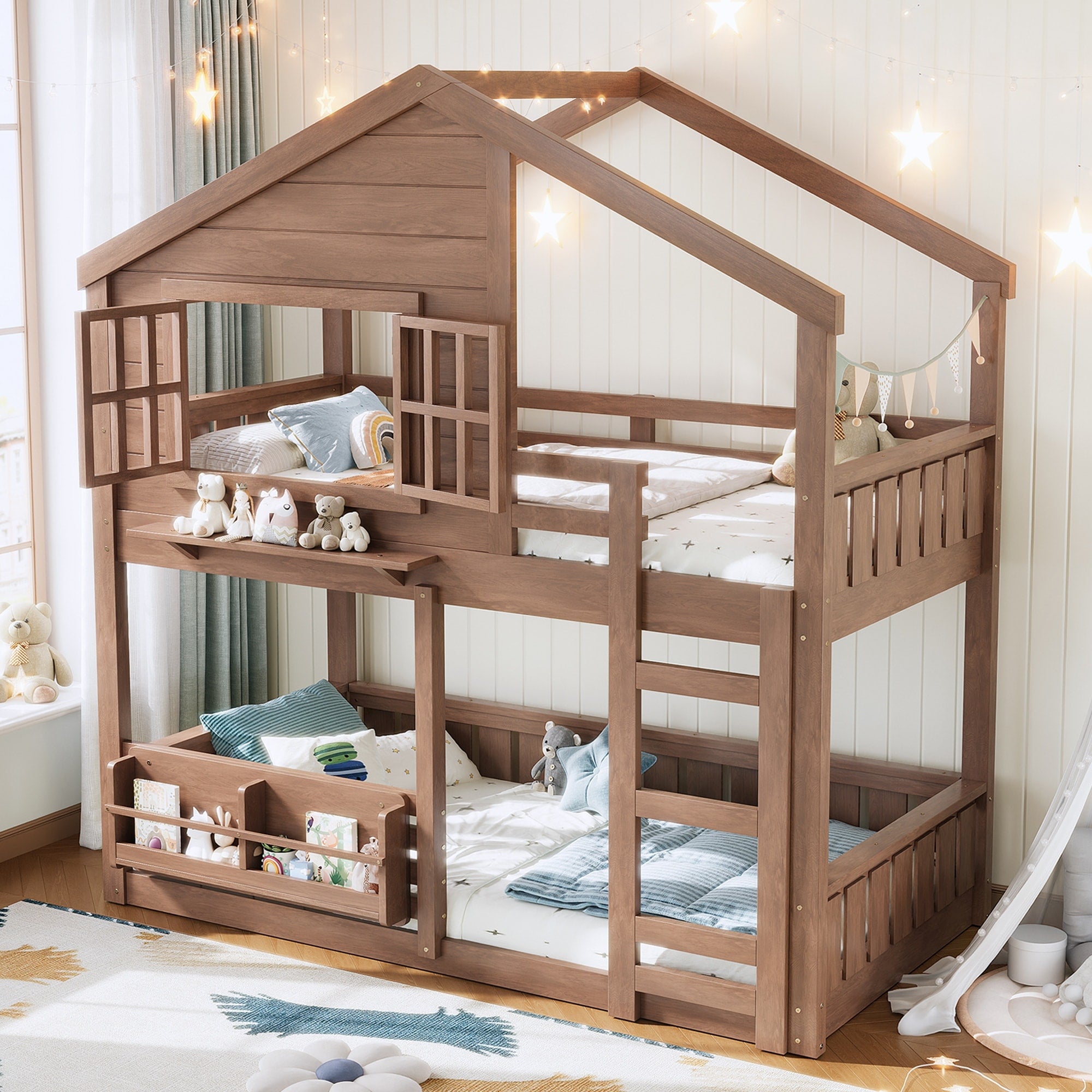 Roomfitters Wood House Bunk Bed Bookshelf Openable Windows Modern Natural Cabin Style Playhouse Bed With Guardrails
