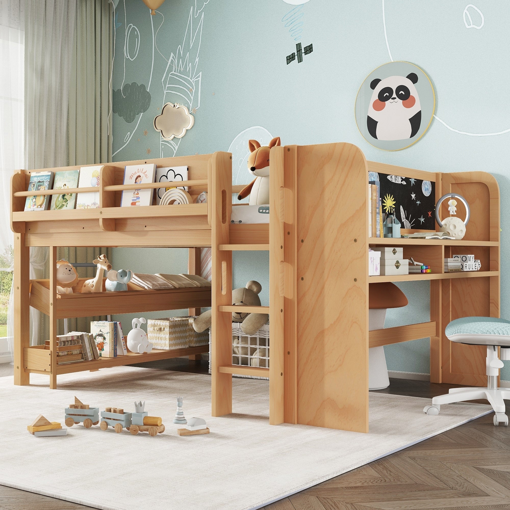 Roomfitters Wood Low Loft Bed Study Desk Storage Bookcase Blackboard Natural Kids Loft Bed With Removable Storage