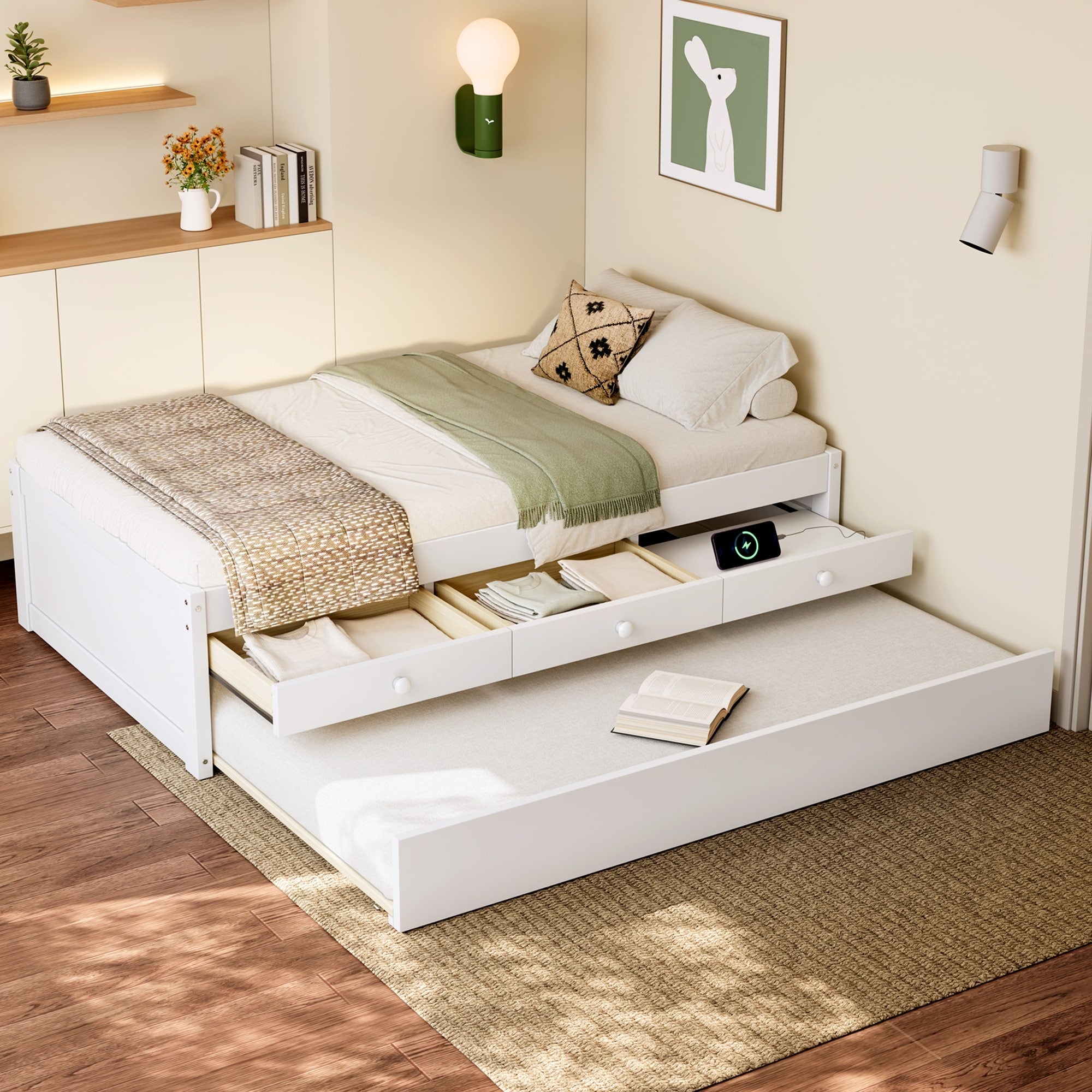 Roomfitters Wood Platform Bed Pull Out Trundle 2 Storage Units Modern Bed Frame With Charging Station Set