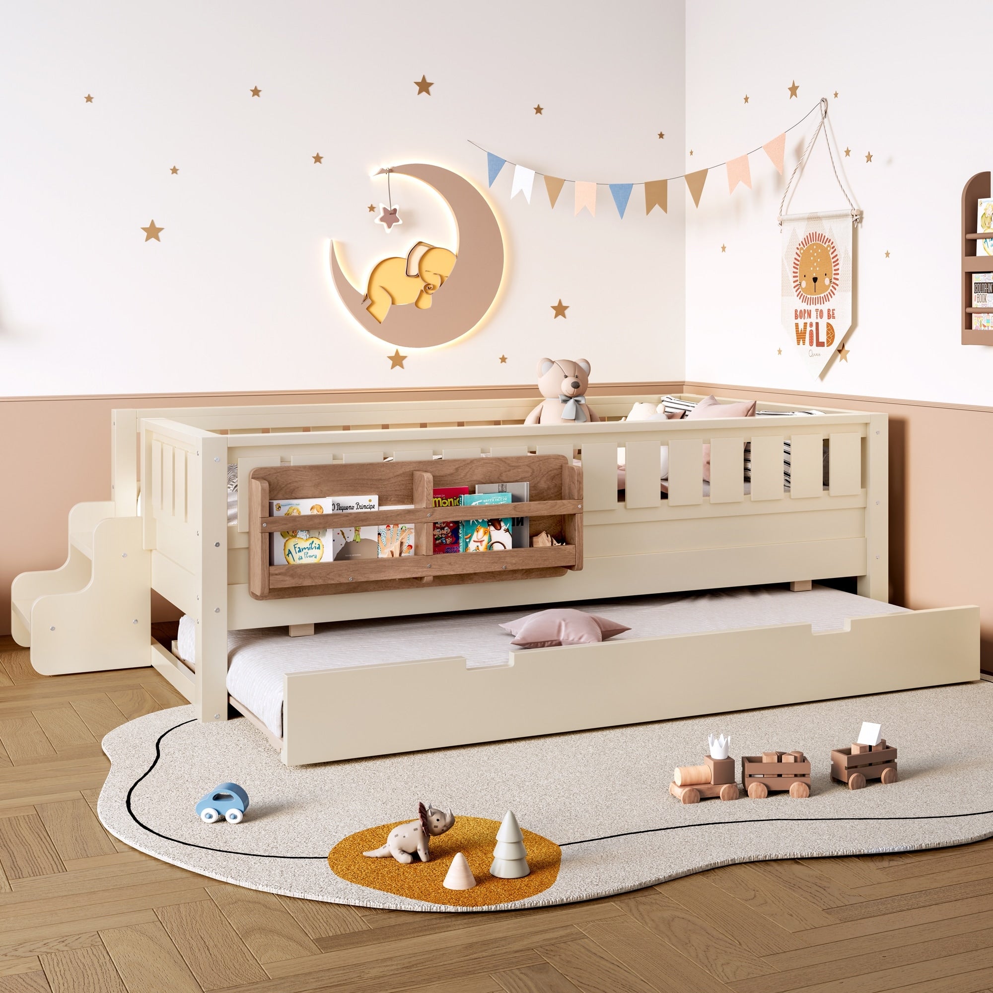Roomfitters Wood Platform Bed Pull Out Trundle Bookcase Kids Daybed With 2 Step Safety Stairs Guardrails