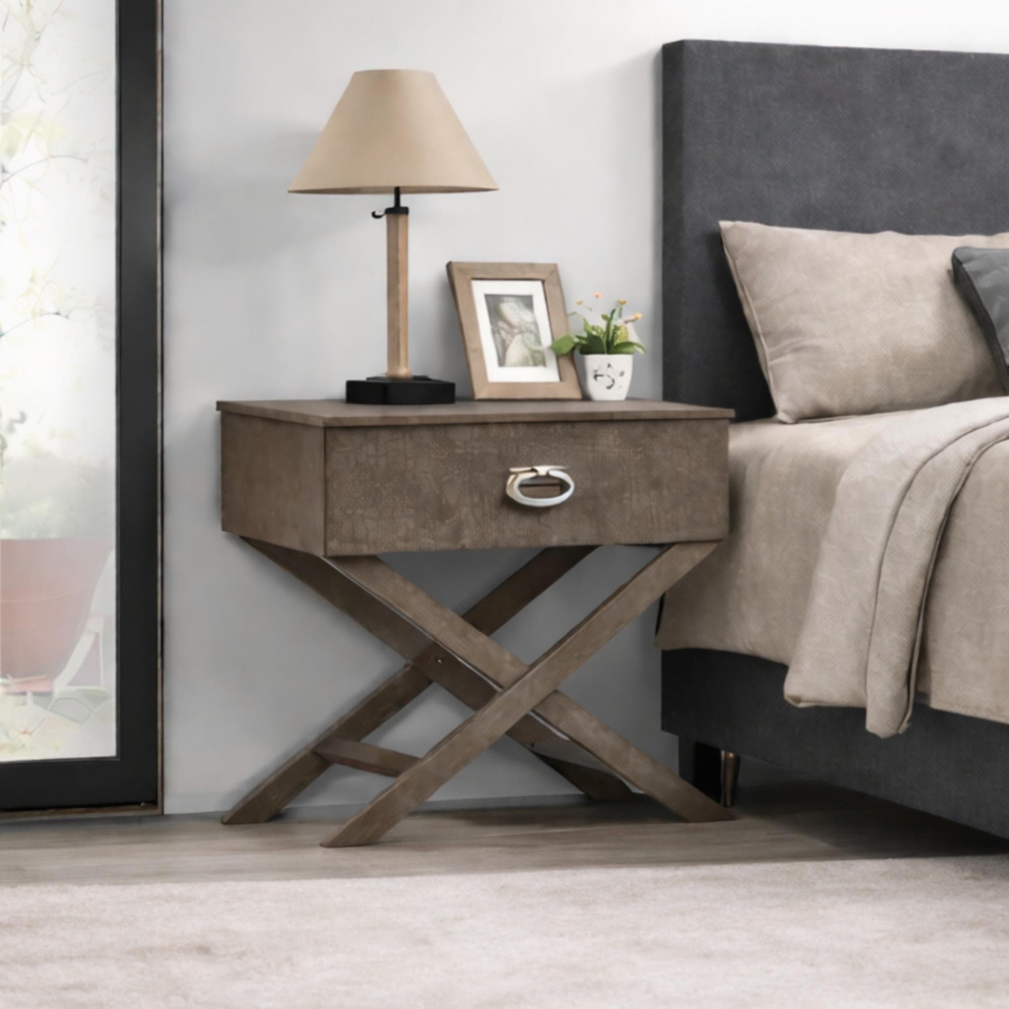 Roomfitters Xavier 1 Drawer Nightstand Gray Modern X Frame Croc Textured Front Contemporary End Table