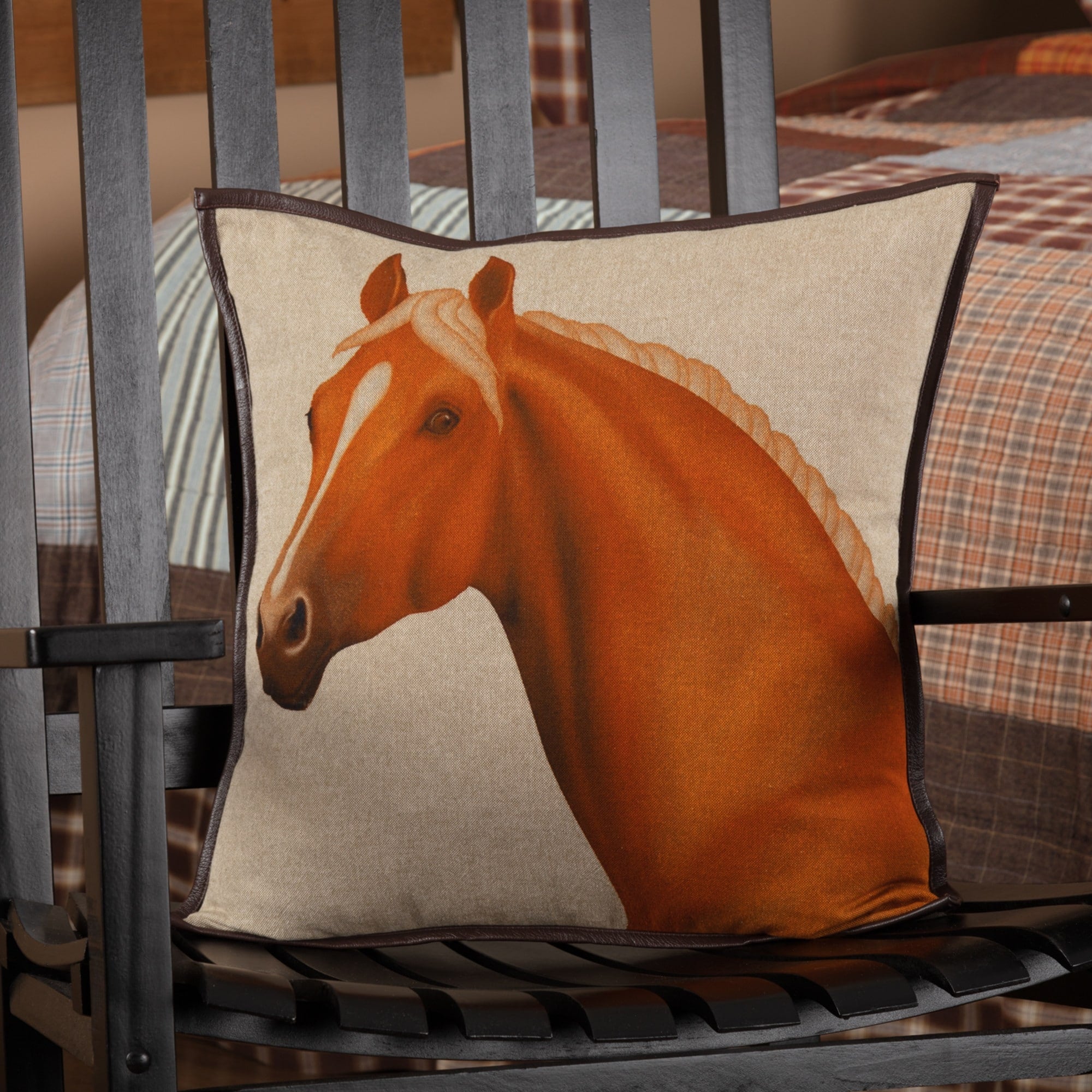 Grey Rustic Lodge Bedding Sheridan Rustic Brown Horse 18X18 Pillow Cotton Nature Print Digital Print Chambray Square