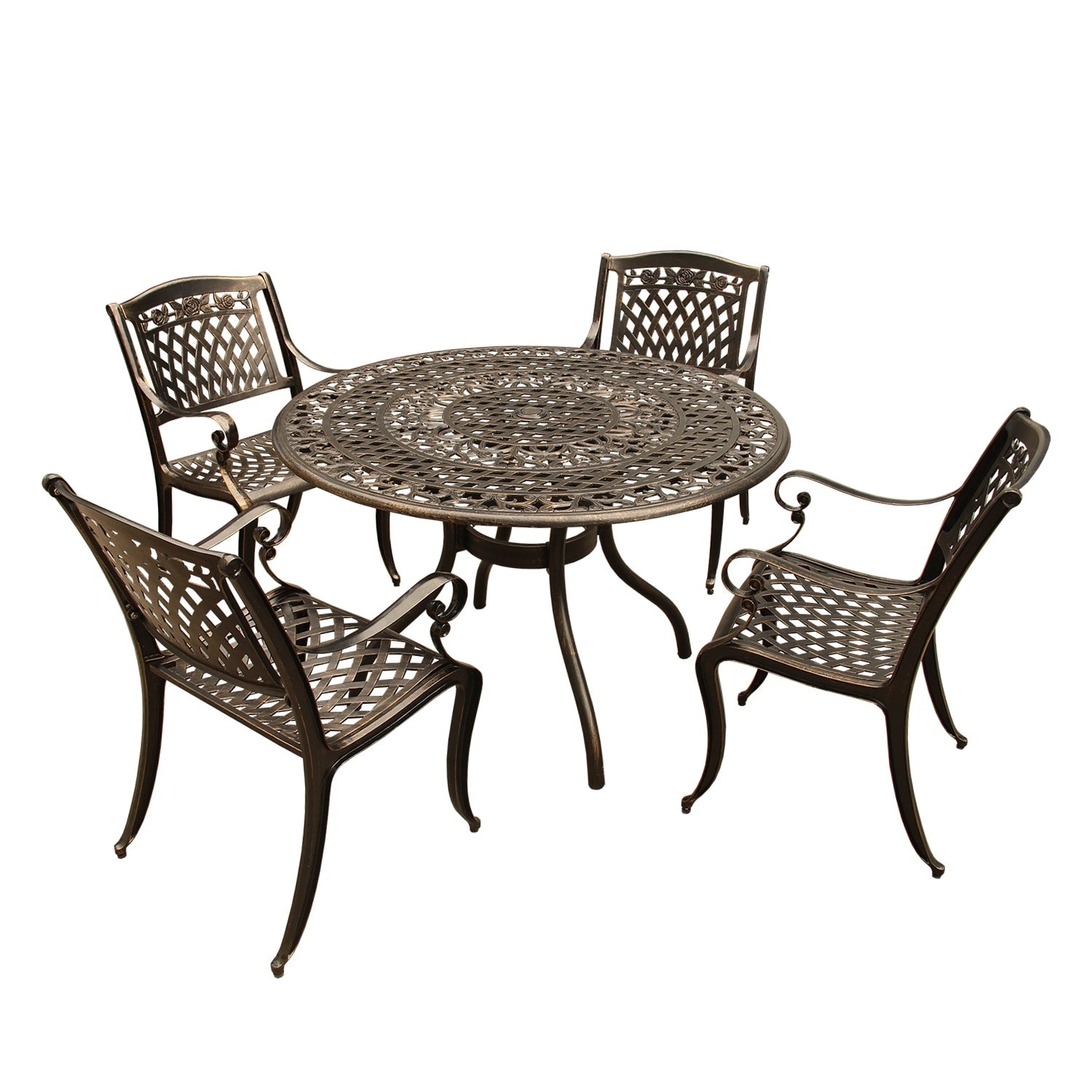 Rose Outdoor Lattice 48 Inch Bronze Round Dining Set With Four Chairs