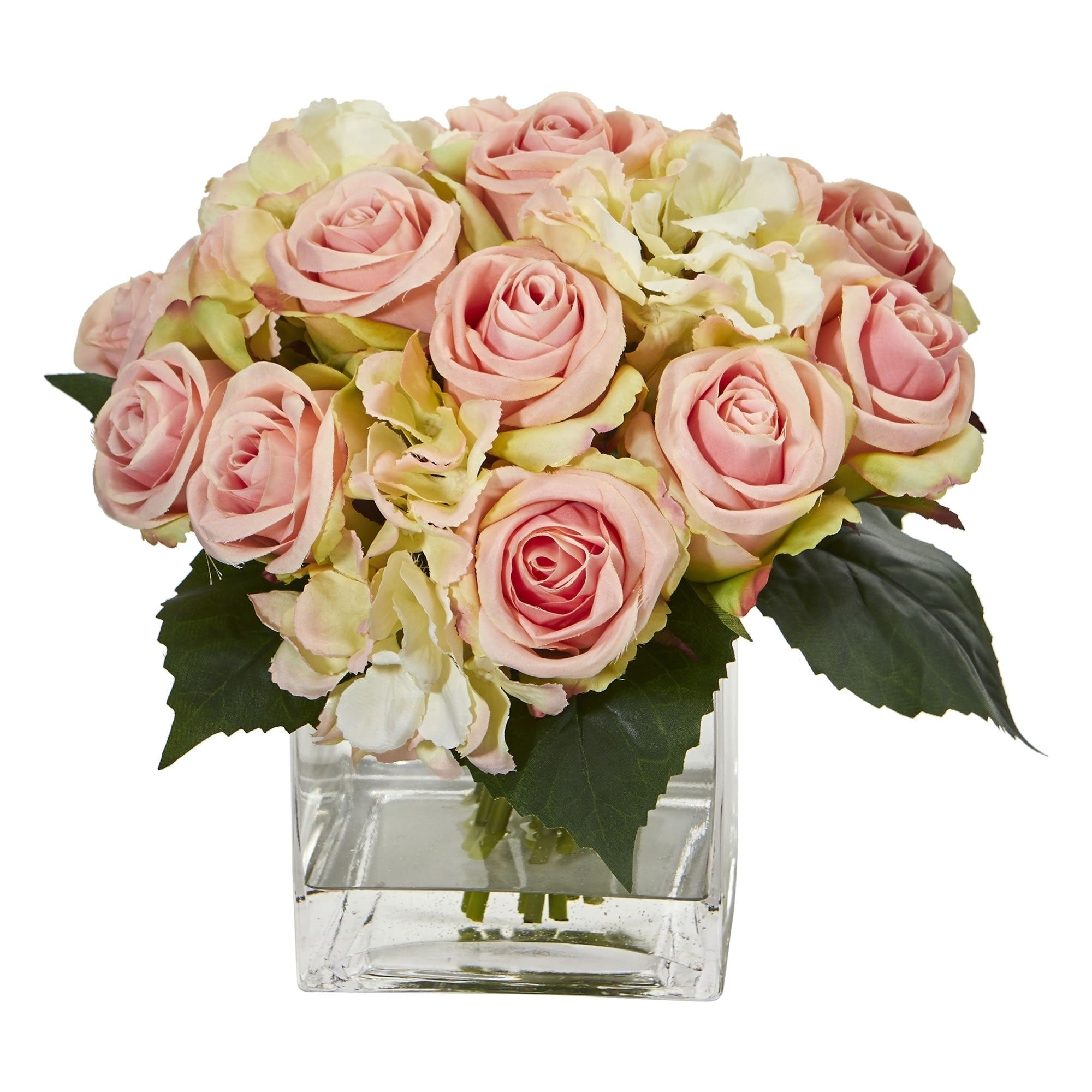 Nearly Natural Rose And Hydrangea Bouquet Artificial Arrangement In Glass Vase