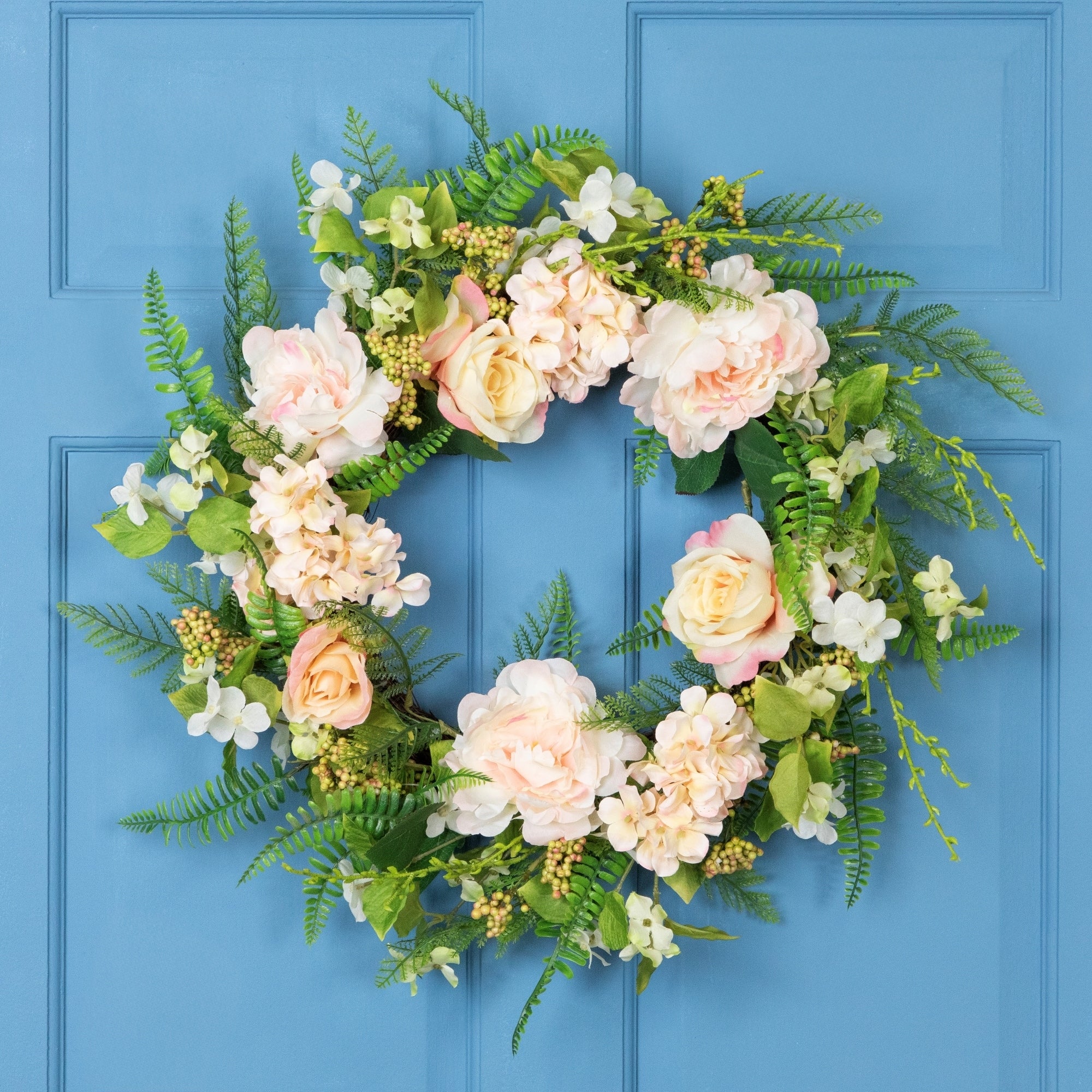 Rose And Peony Floral Artificial Spring Wreath Pink And Green 24 Inch
