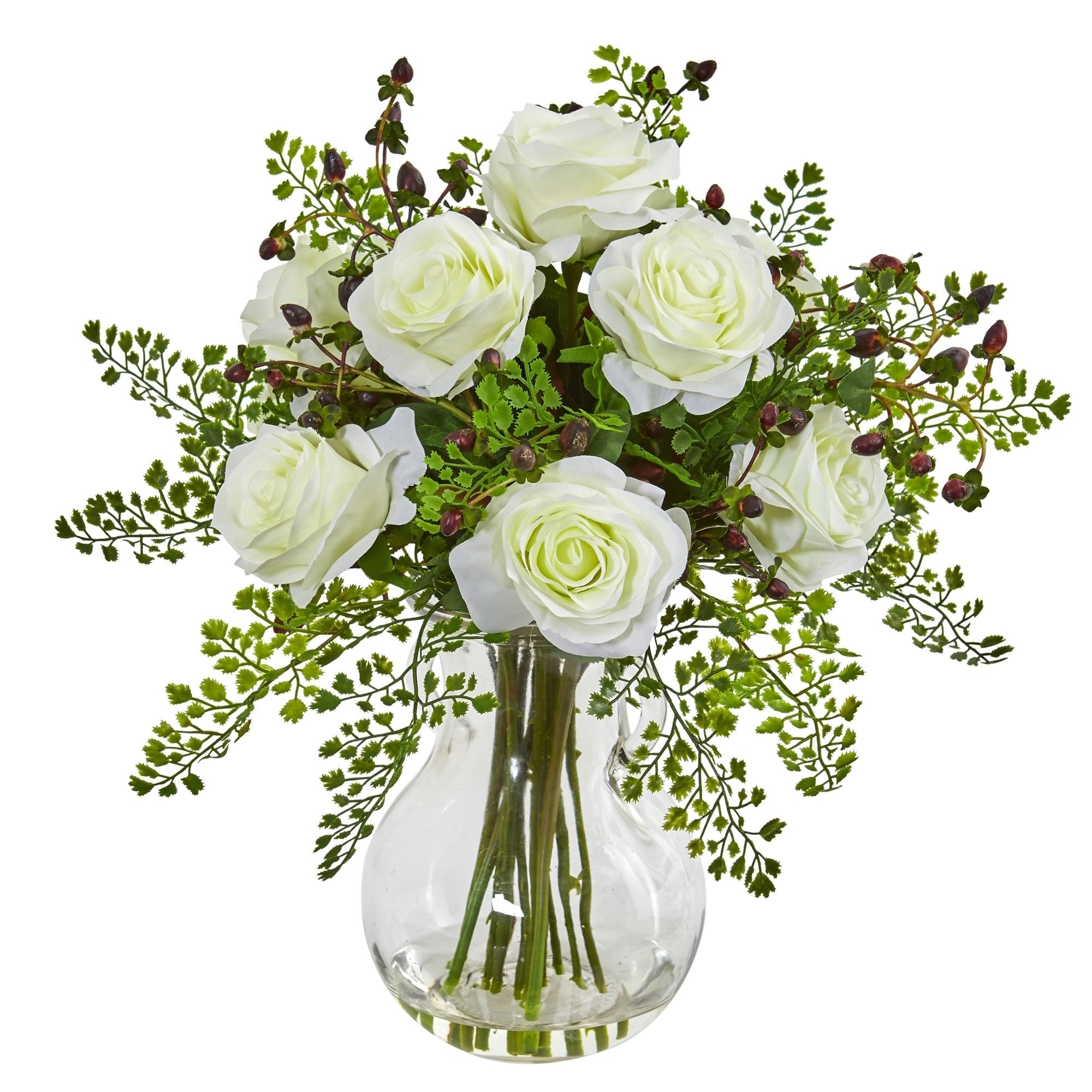 Roses Maiden Hair Artificial Arrangement In Glass Vase