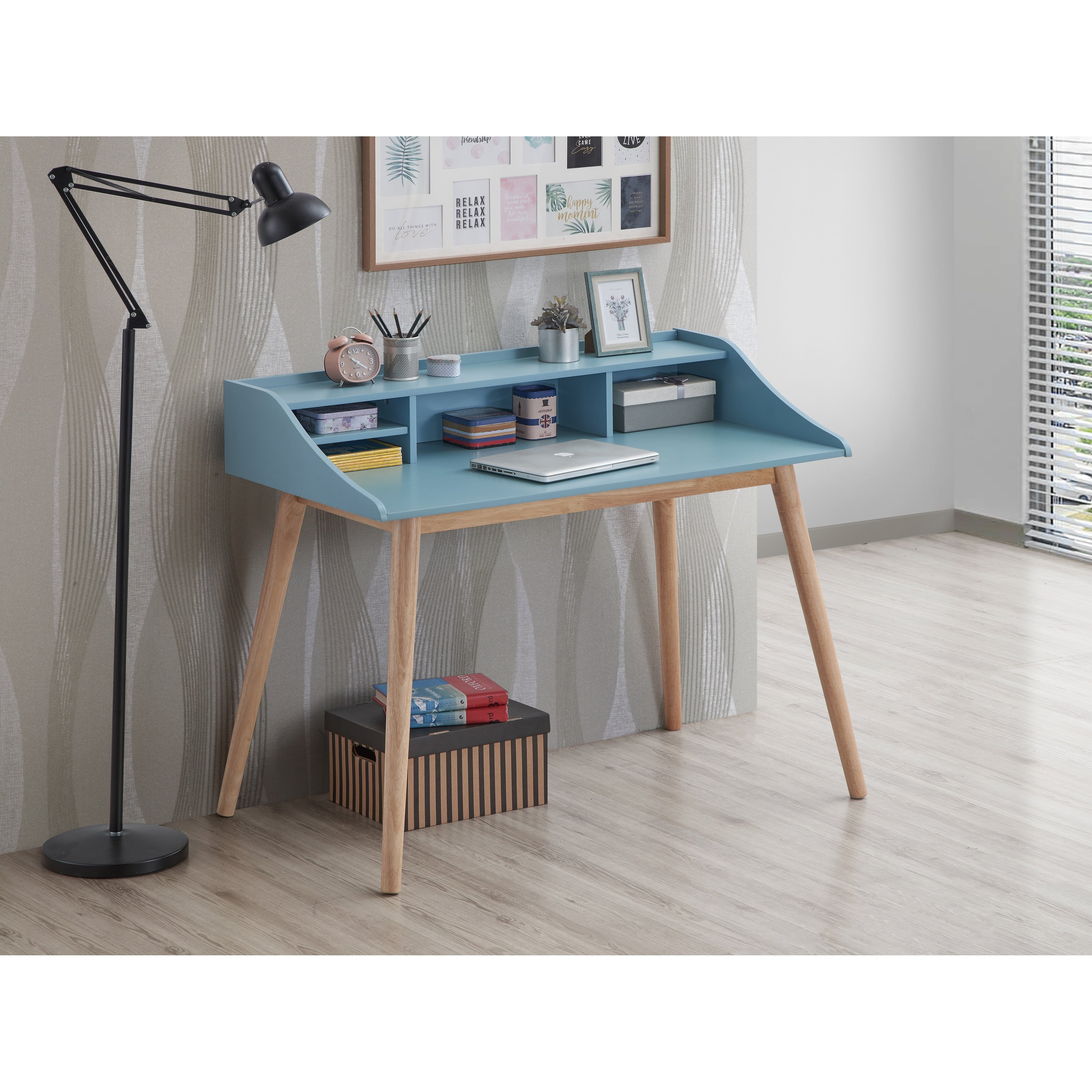 Roskilde Mid Century Modern Wood Writing Desk With Hutch Blue