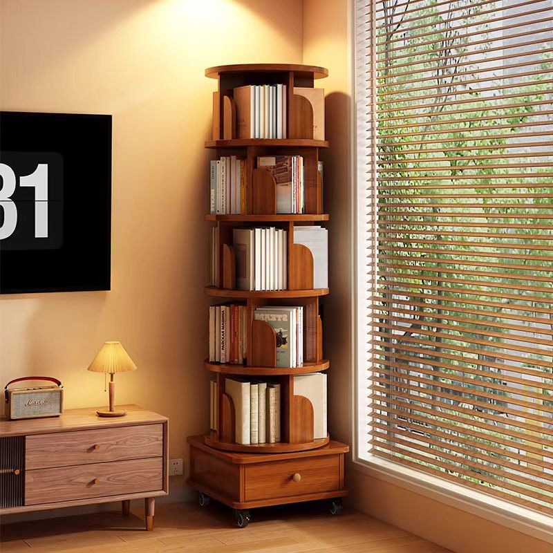 Rotating 6 Tier Bookshelf With Wheels For Small Space Wood Corner Storage For Bedroom Living Room Study