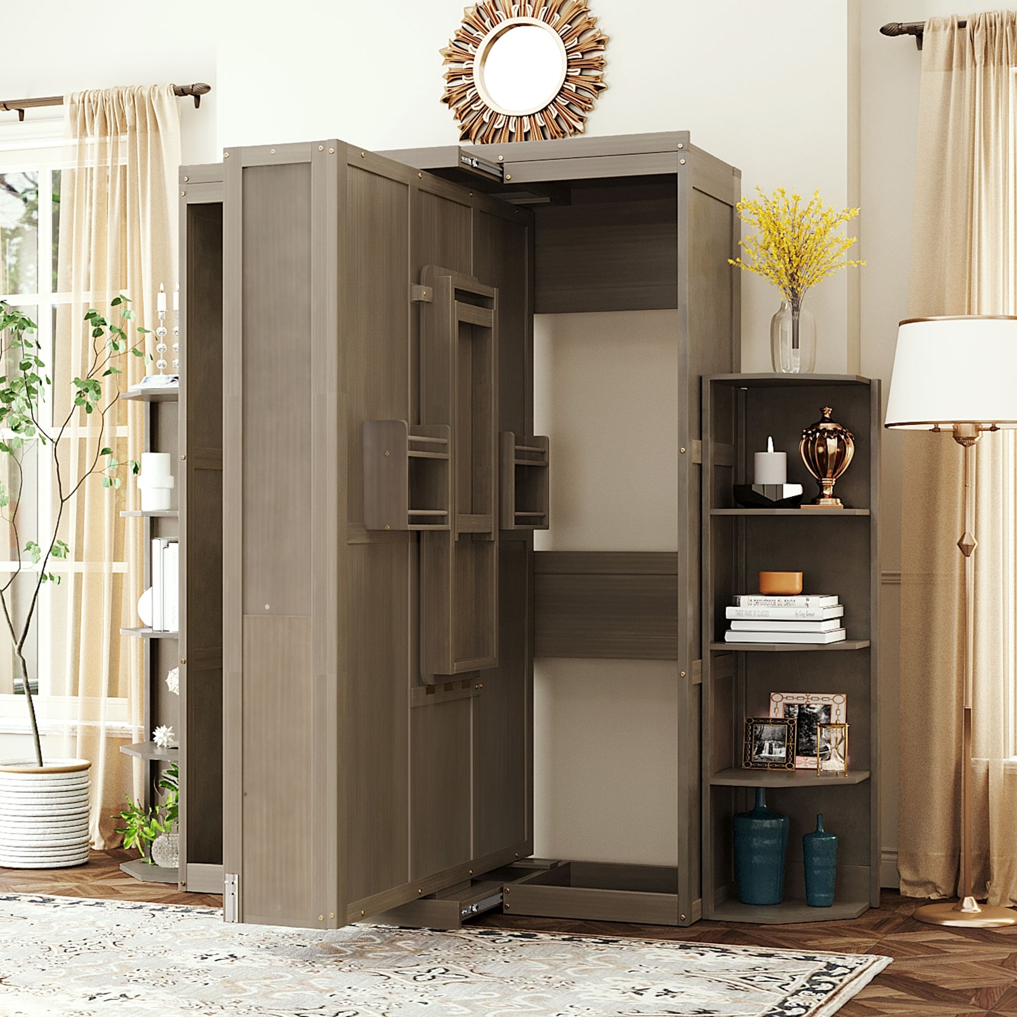 Rotating Murphy Bed Wall Bed Queen Size With Convertible Desk Side Shelves