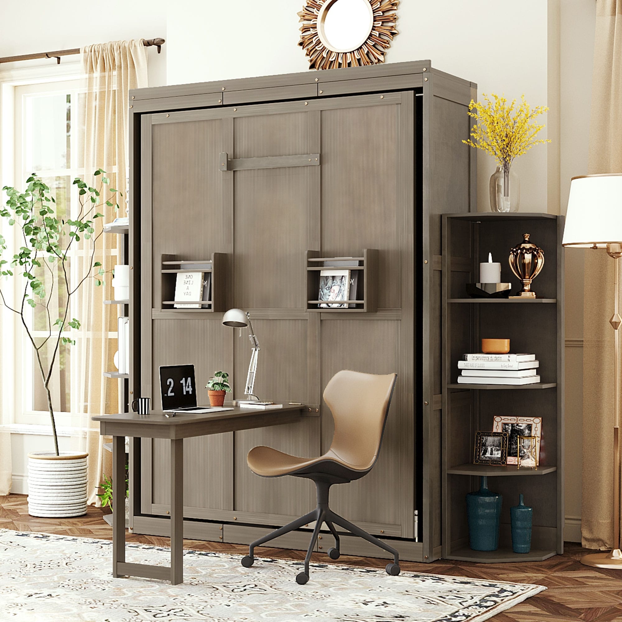 Rotating Queen Murphy Bed With Convertible Desk Shelves Multifunctional Hidden Wall Bed System For Small Spaces