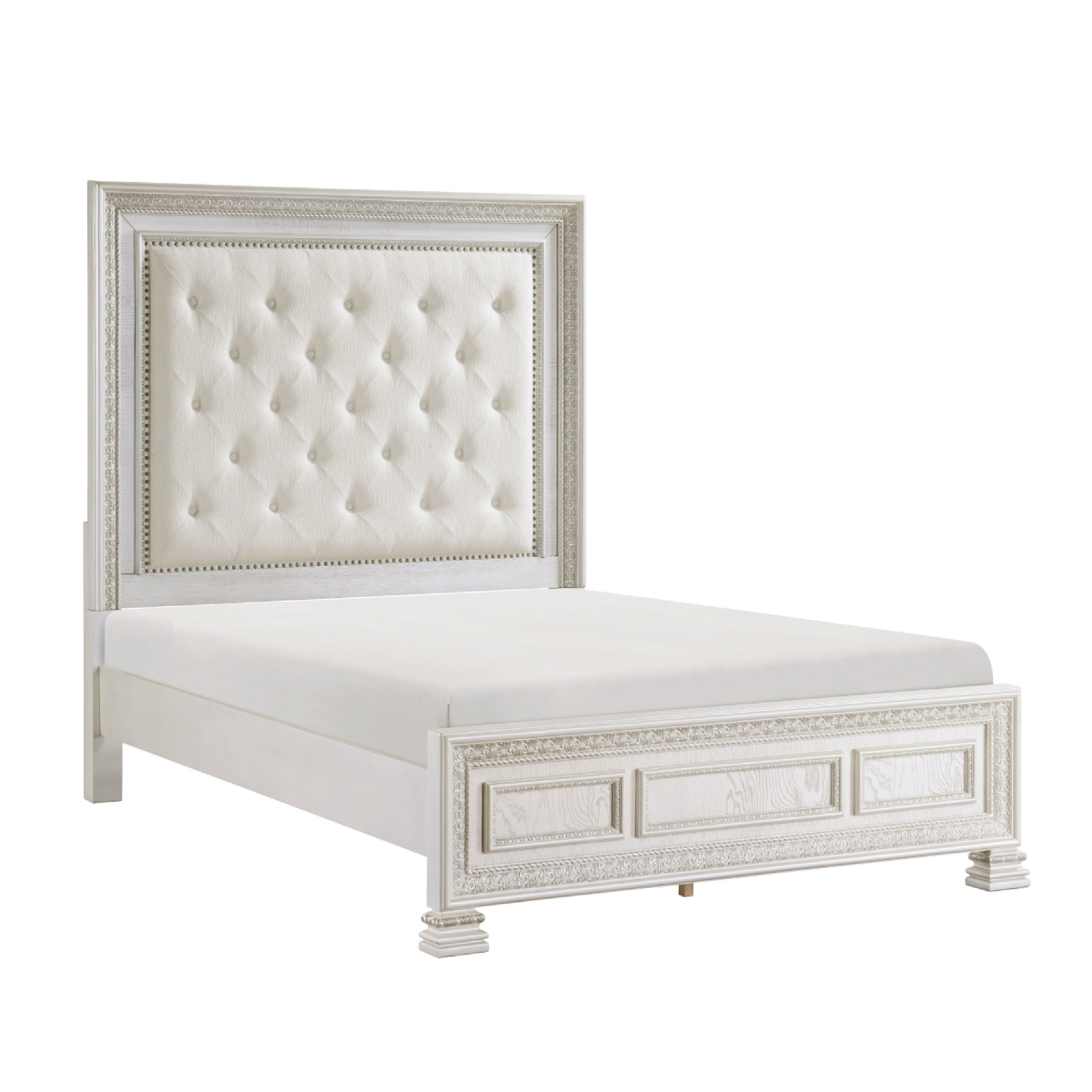 Rotu Queen Bed Tufted Headboard With Nailheads Pearl White Polyester